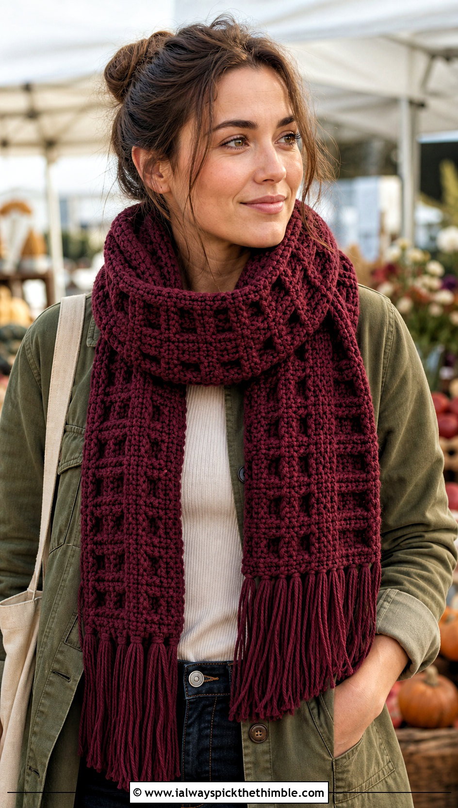 Fringed Waffle Stitch Bulky Crochet Scarf With Utility Jacket - 15 Crochet For Scarves Using Bulky Yarn outfit ideas