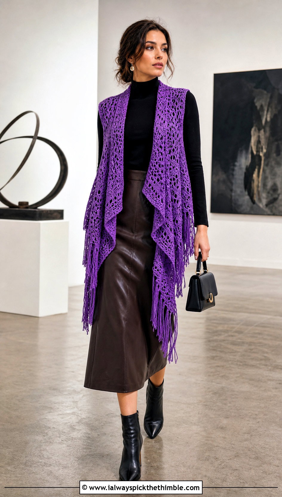 Fringed Waterfall Crochet Shawl Vest With Leather Midi Skirt - 20 crochet shawl vest outfit ideas