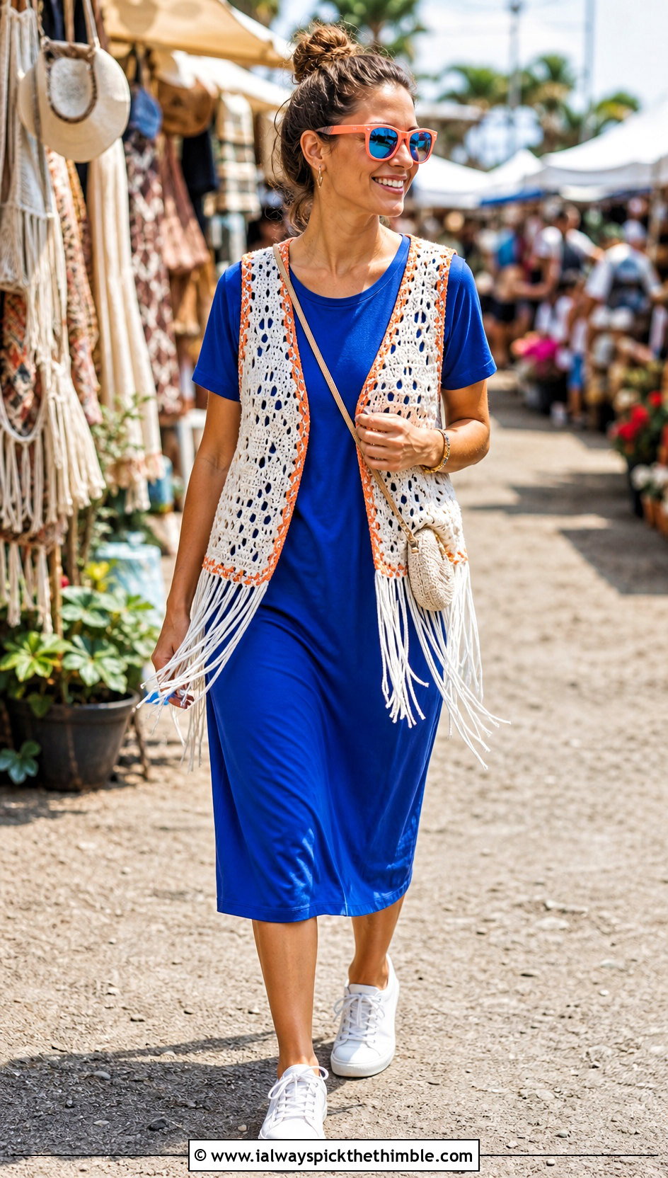 Fringed White Crochet Vest With a T Shirt Dress - 25 white crochet vest outfit ideas
