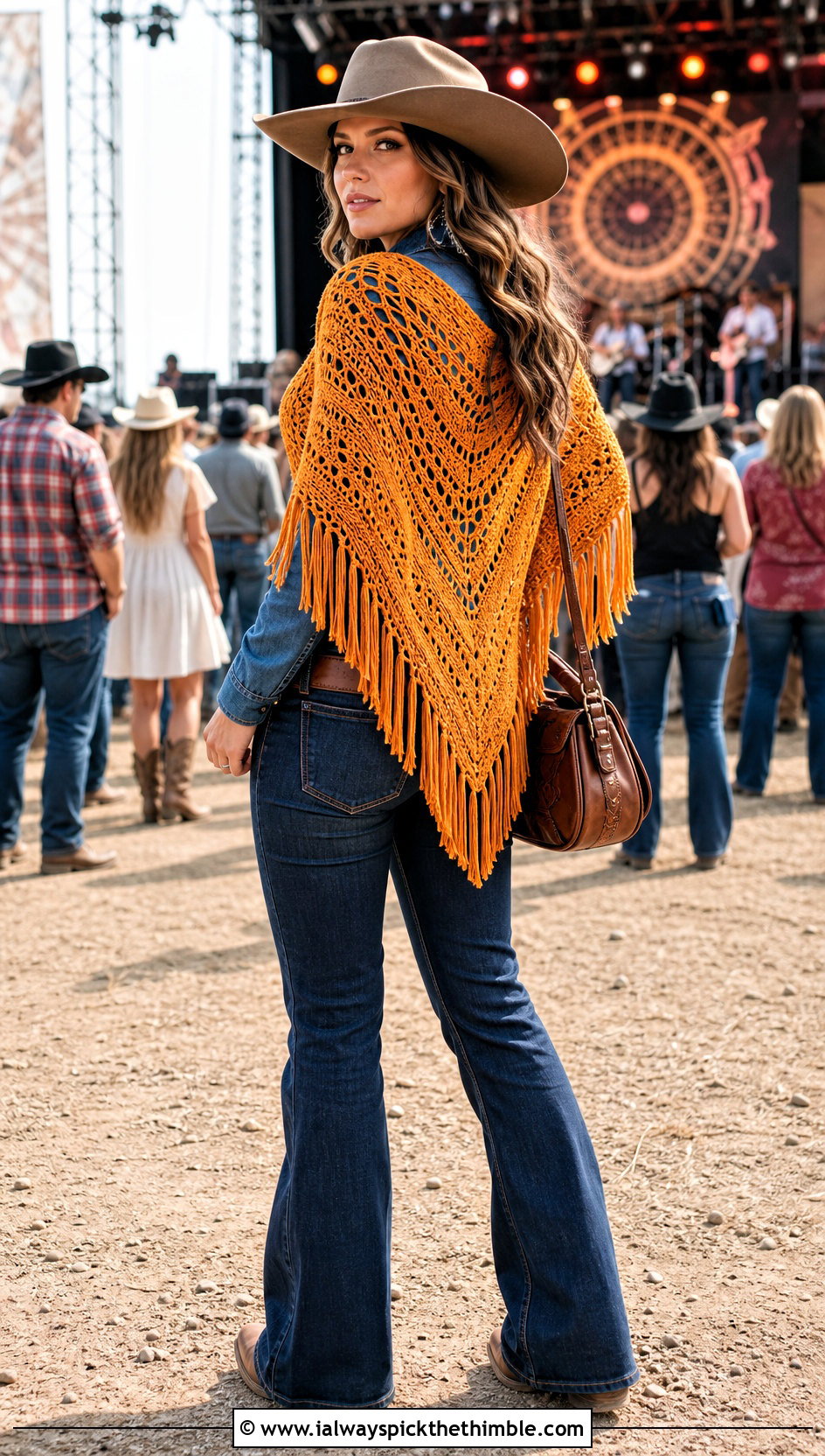 Fringed Winged Triangle Shawl With Double Denim - 15 Crochet Wingspan Shawl outfit ideas