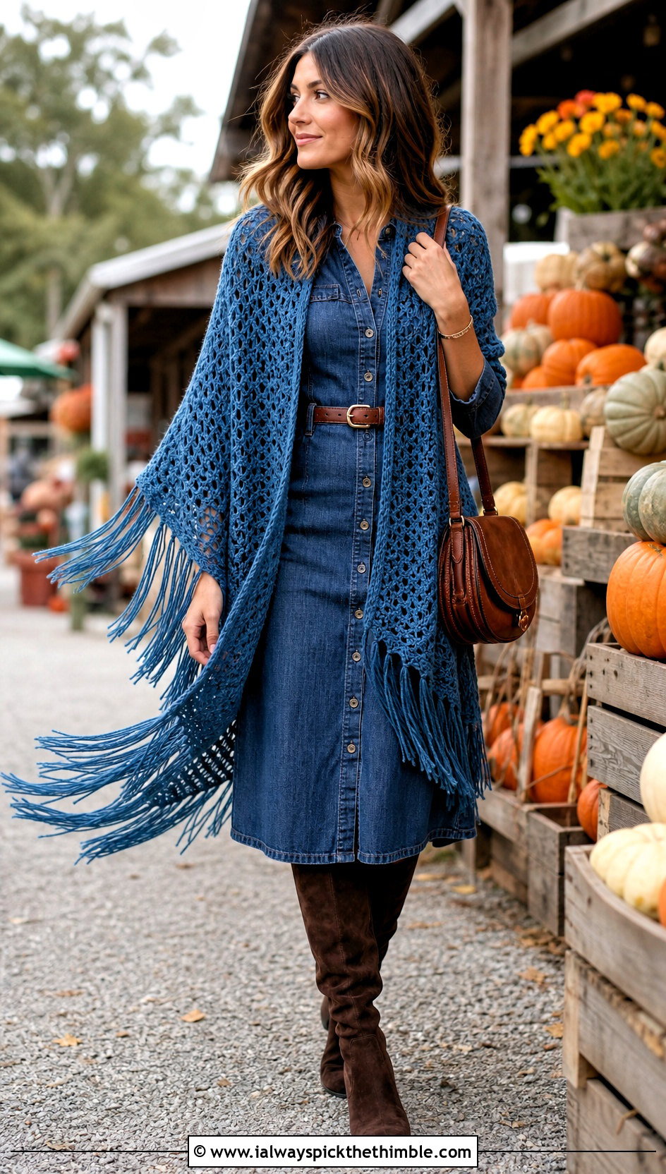 Fringed Worsted Weight Crochet Shawl With Denim Midi Dress - 20 Crochet Shawl Worsted Weight Yarn outfit ideas