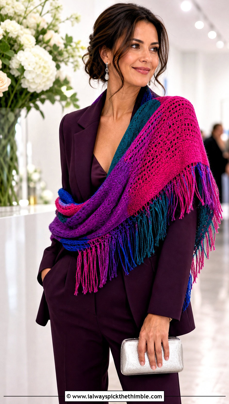 Fringed Wrap Mood Scarf With Evening Suit - 15 Crochet Mood Scarf outfit ideas