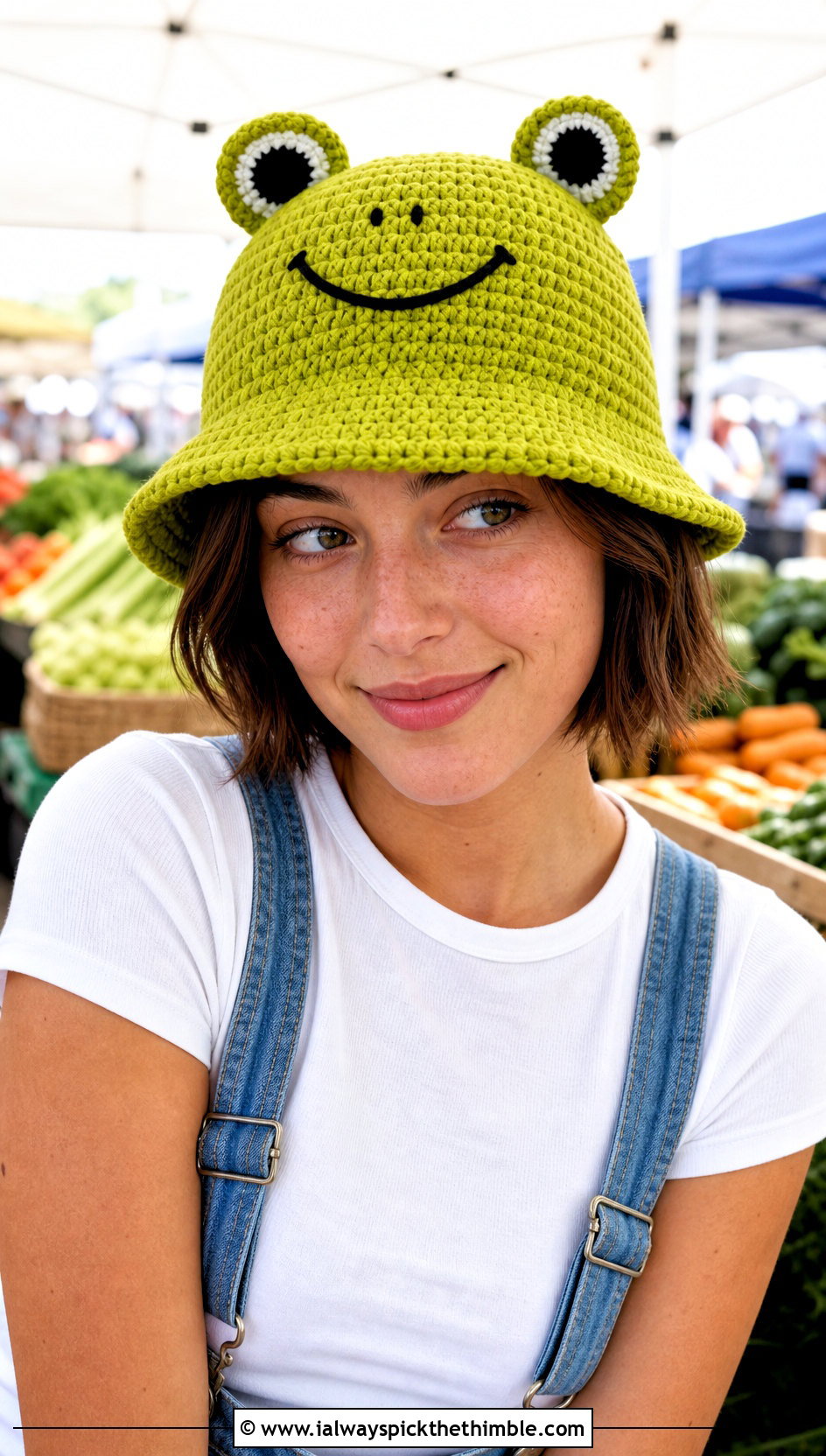 Frog Crochet Bucket Hat With Denim Overalls - 20 crochet funny hats outfit ideas