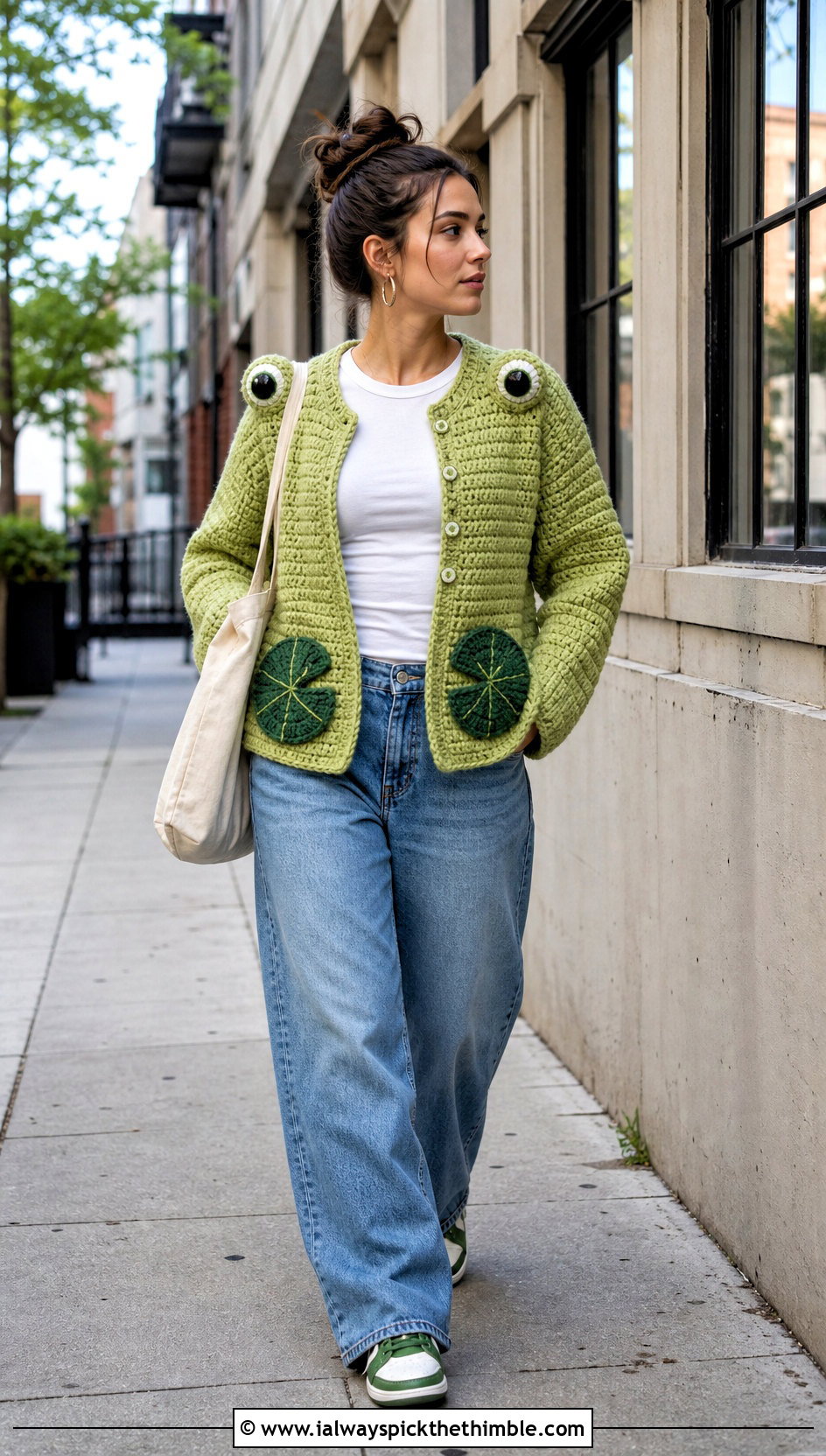 Frog Crochet Cardigan With Wide Leg Jeans - 20 Funny Crochet Clothes and outfit ideas