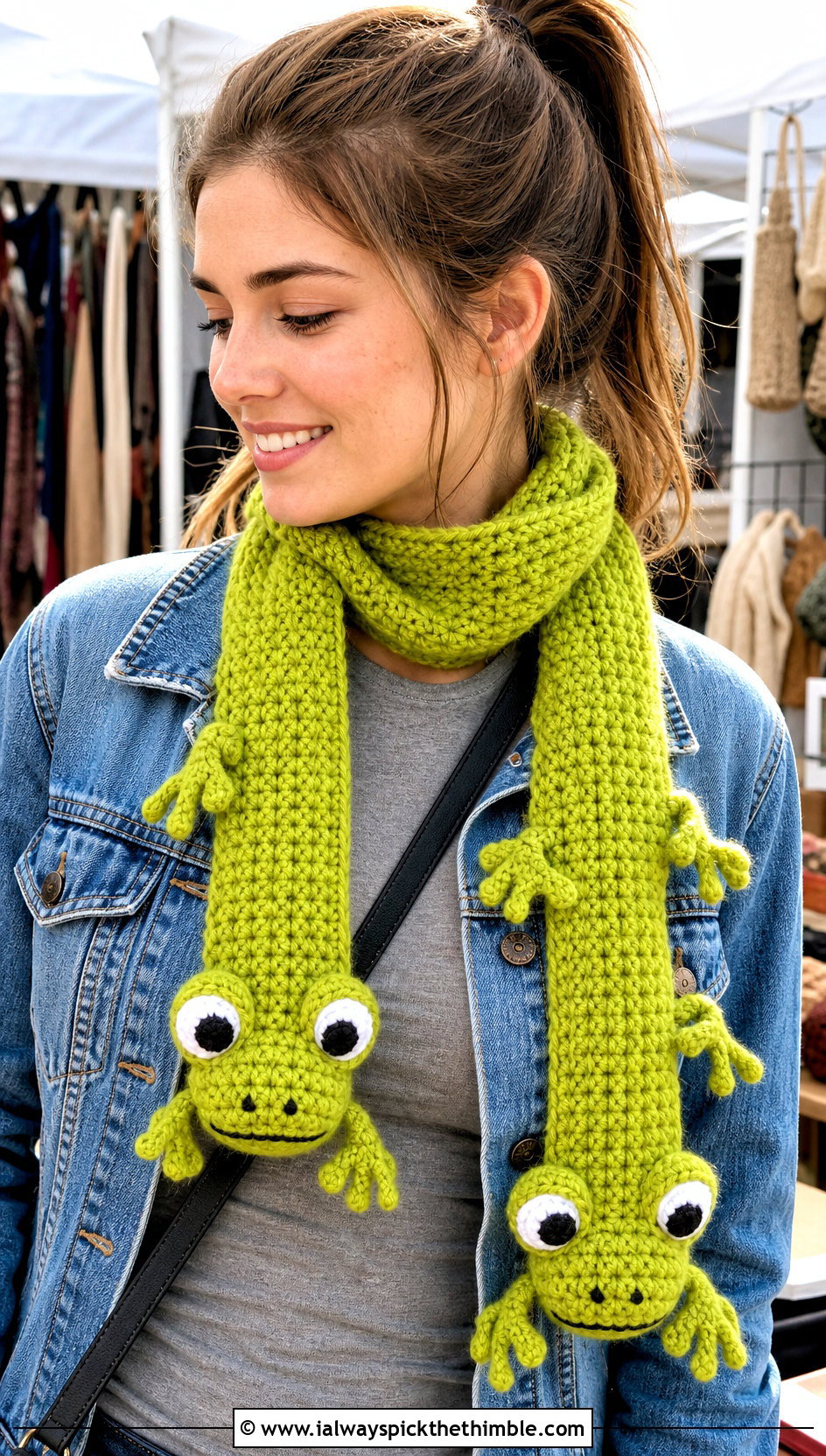 Frog Crochet Scarf With Denim Jacket Outfit - 15 Funny Crochet Scarves outfit ideas