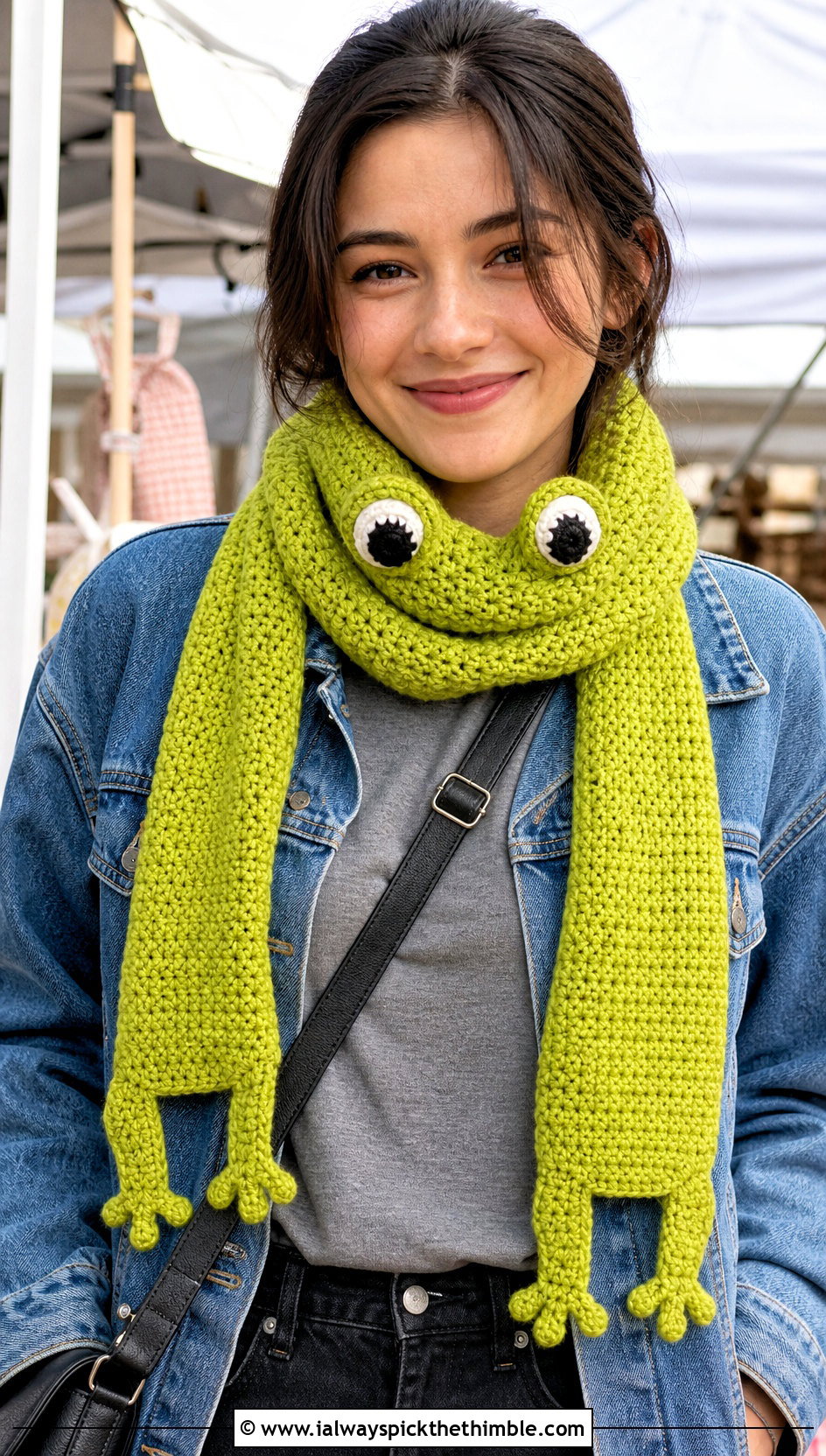 Frog Crochet Scarf With Denim Jacket - 15 Funny Crochet Scarf outfit ideas