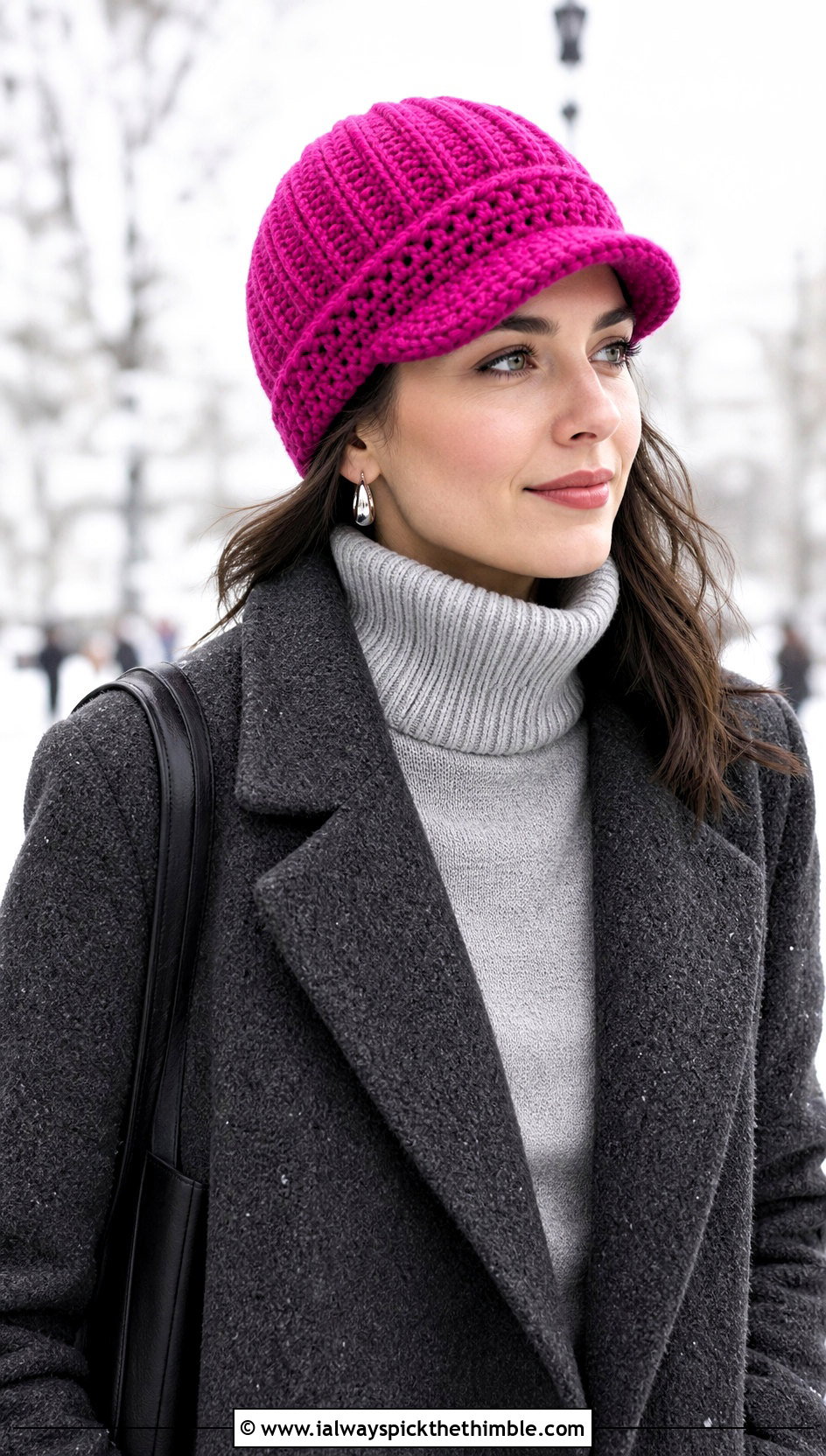 Front Brim Crochet Beanie With Wool Coat - 25 crochet brim hat outfit ideas