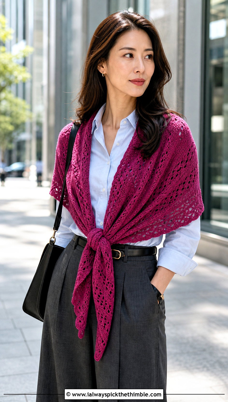 Front Knot Fall River Crochet Shawl With Wide Leg Trousers - 20 Fall River Crochet Shawl outfit ideas