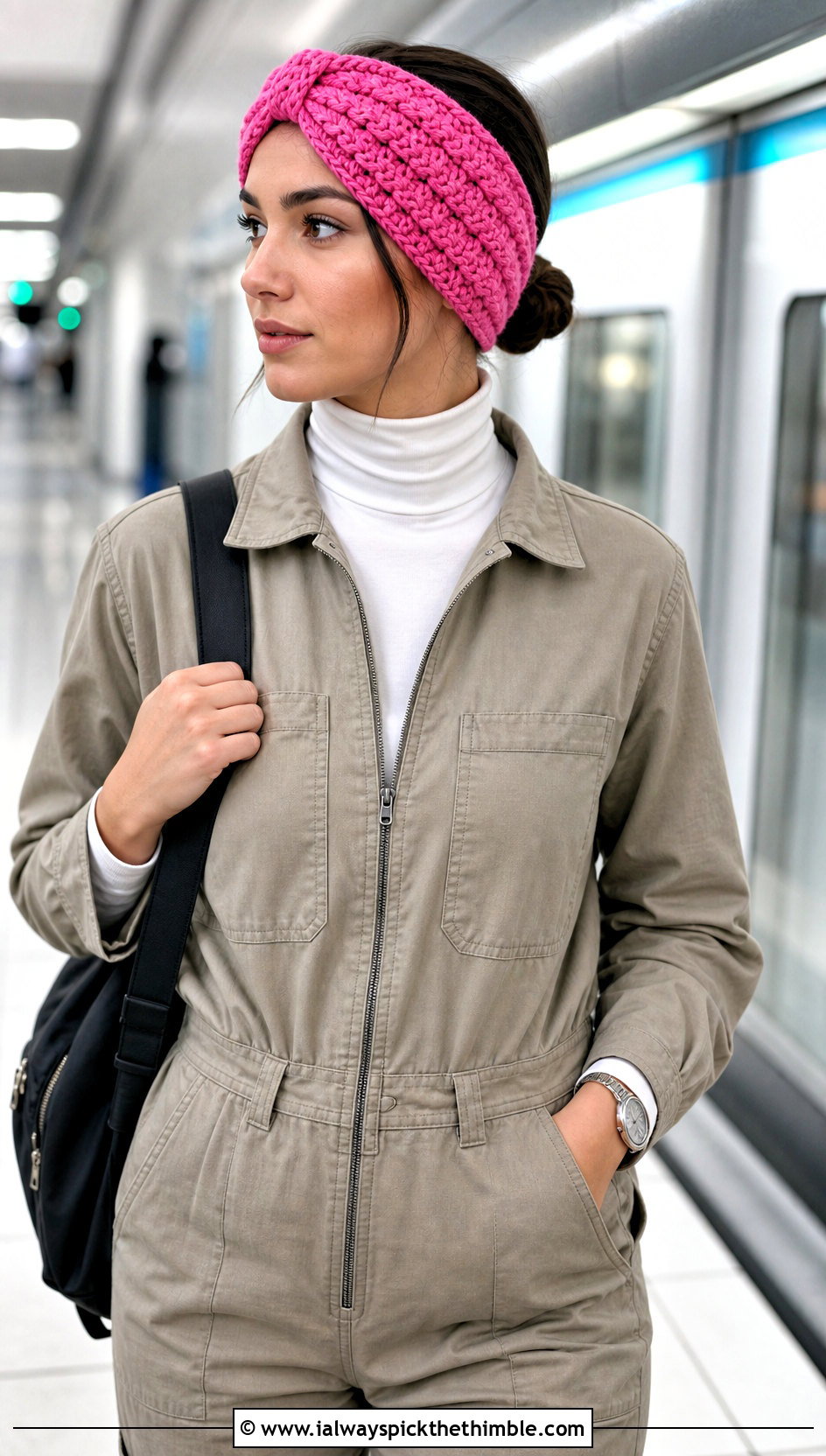 Front Post Cable Earwarmer With Utility Jumpsuit and Sneakers - 15 easy crochet cable headband earwarmer outfit ideas