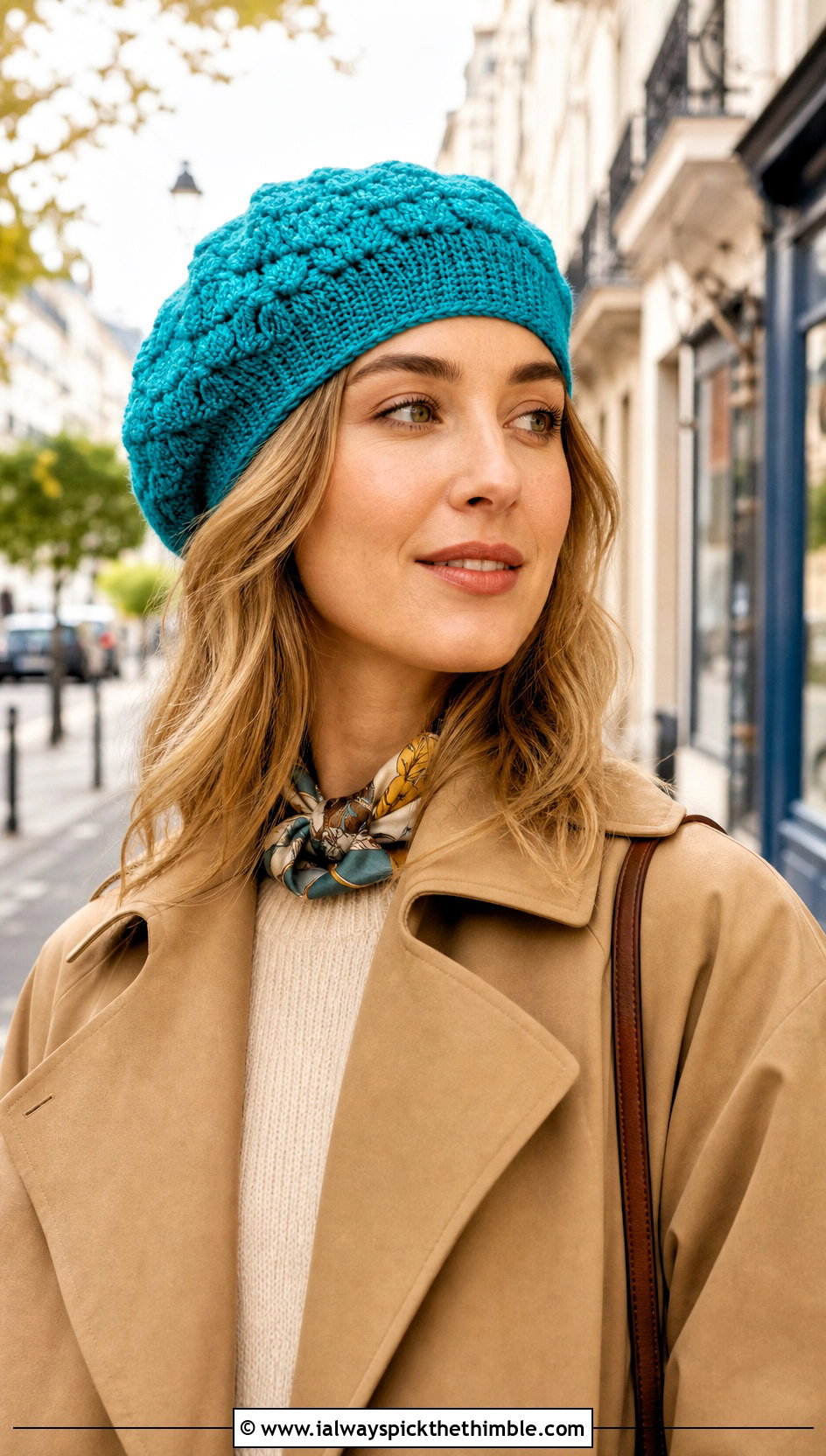 Front Post Double Crochet Beret With Trench Coat - 15 Front Post Double Crochet Hat outfit ideas