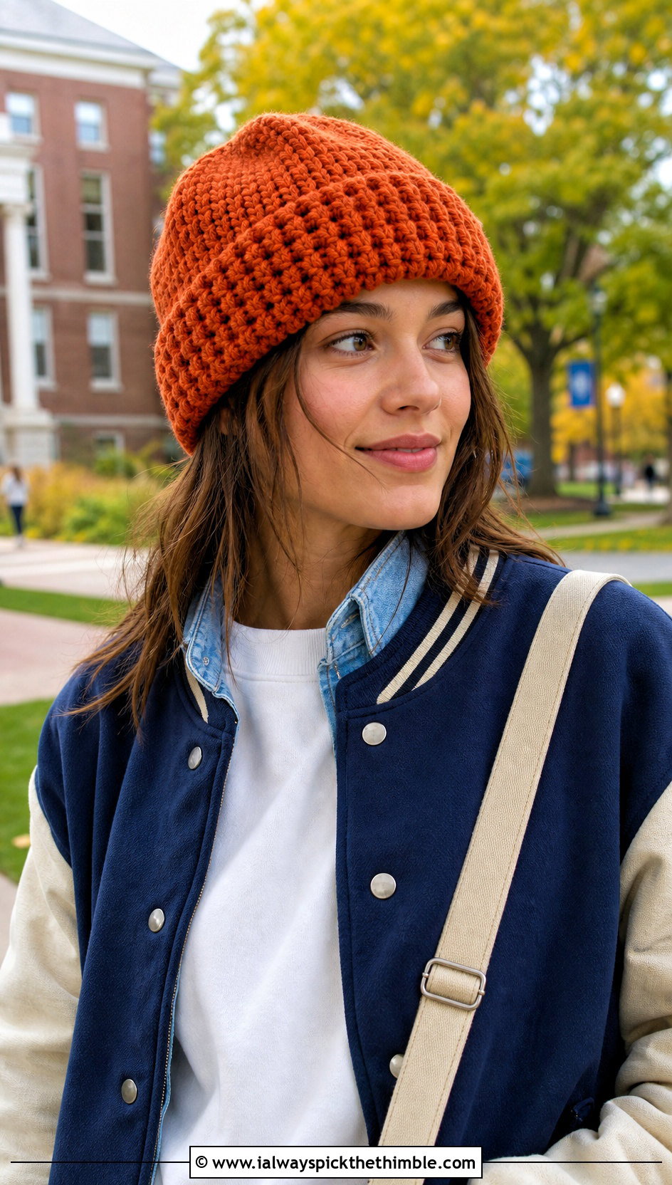 Front Post Double Crochet Fold Up Hat With Varsity Jacket - 15 Front Post Double Crochet Hat outfit ideas