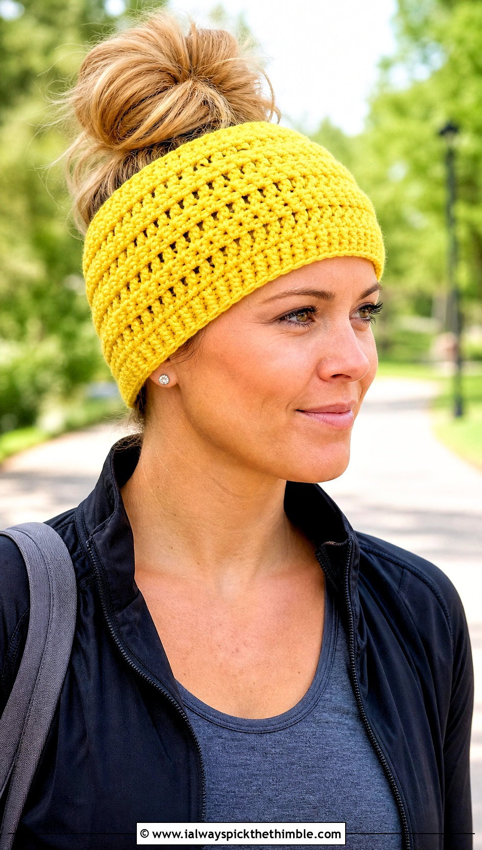 Front Post Double Crochet Messy Bun Hat With Athleisure - 15 Front Post Double Crochet Hat outfit ideas