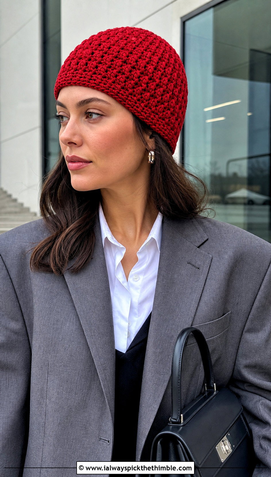 Front Post Double Crochet Skull Cap With Oversized Blazer - 15 Front Post Double Crochet Hat outfit ideas