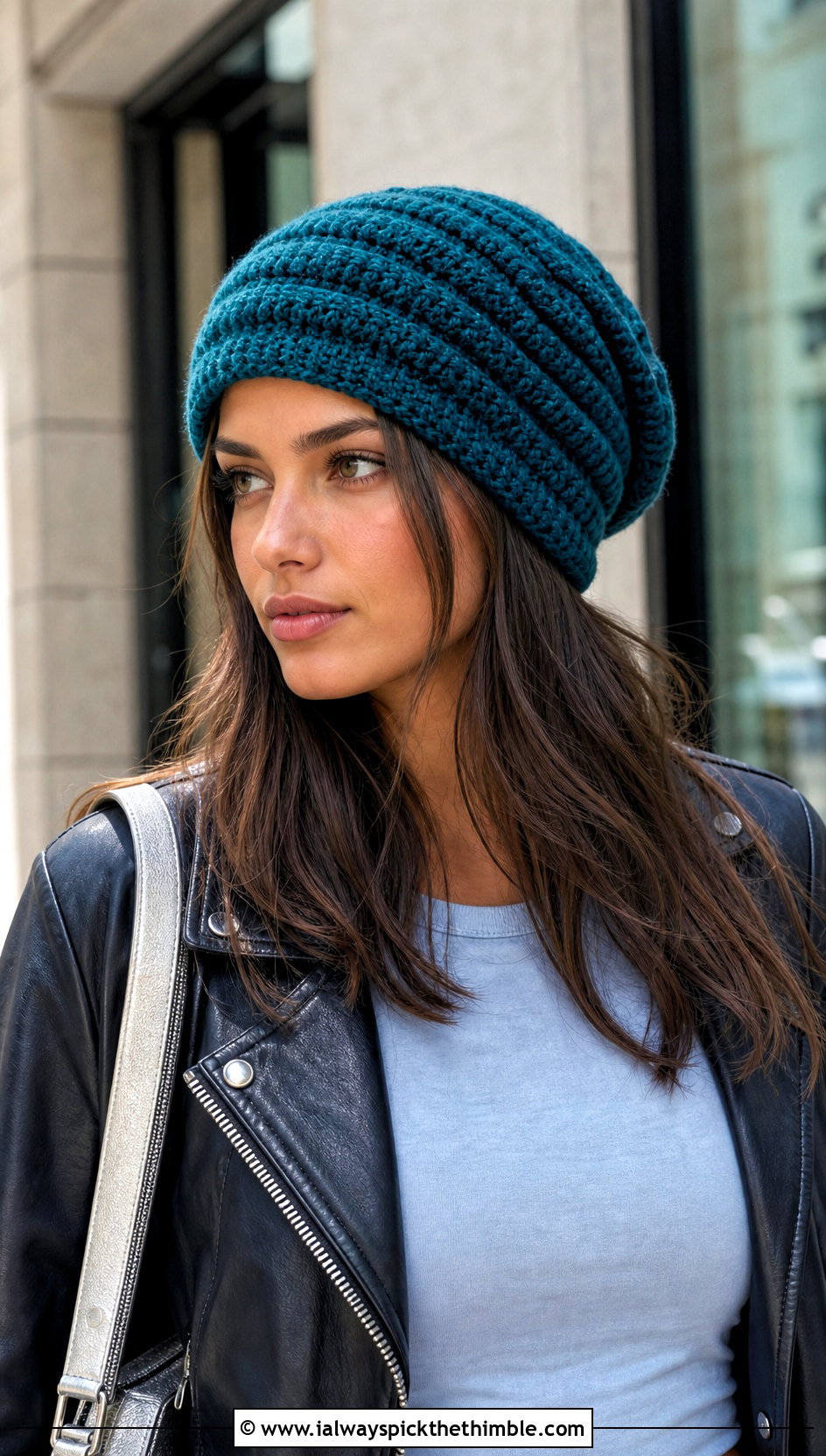 Front Post Double Crochet Slouchy Beanie With Leather Jacket - 15 Front Post Double Crochet Hat outfit ideas