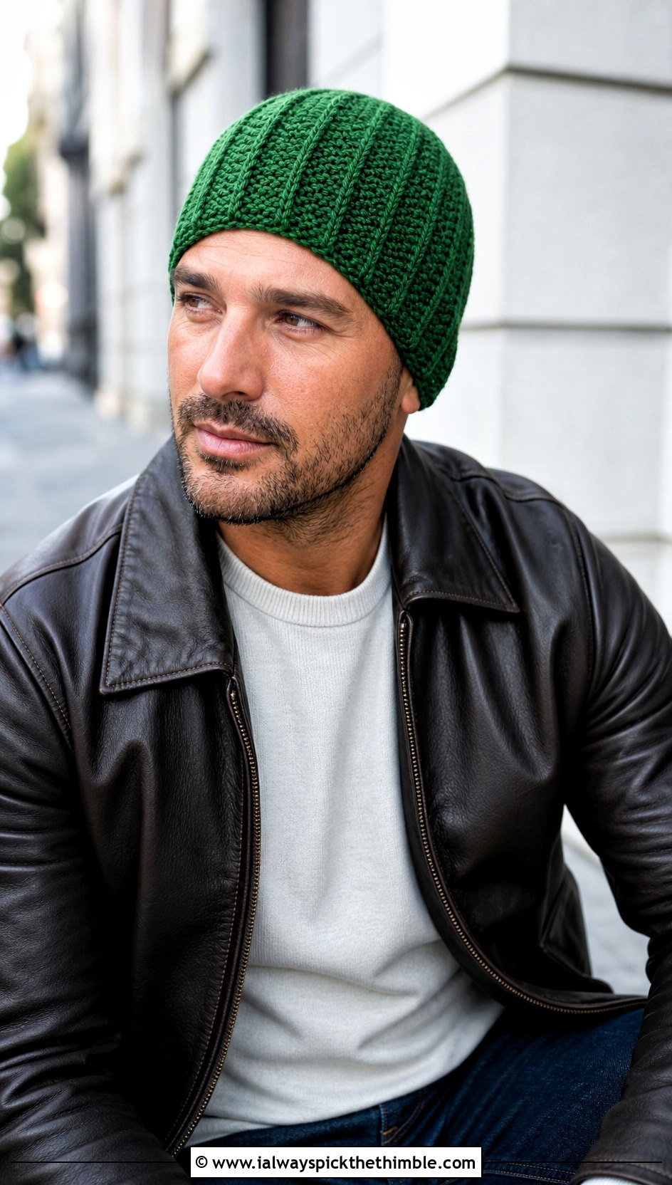 Front Post Ribbed Chemo Cap With Leather Jacket - 20 Crochet Chemo Caps For Men outfit ideas