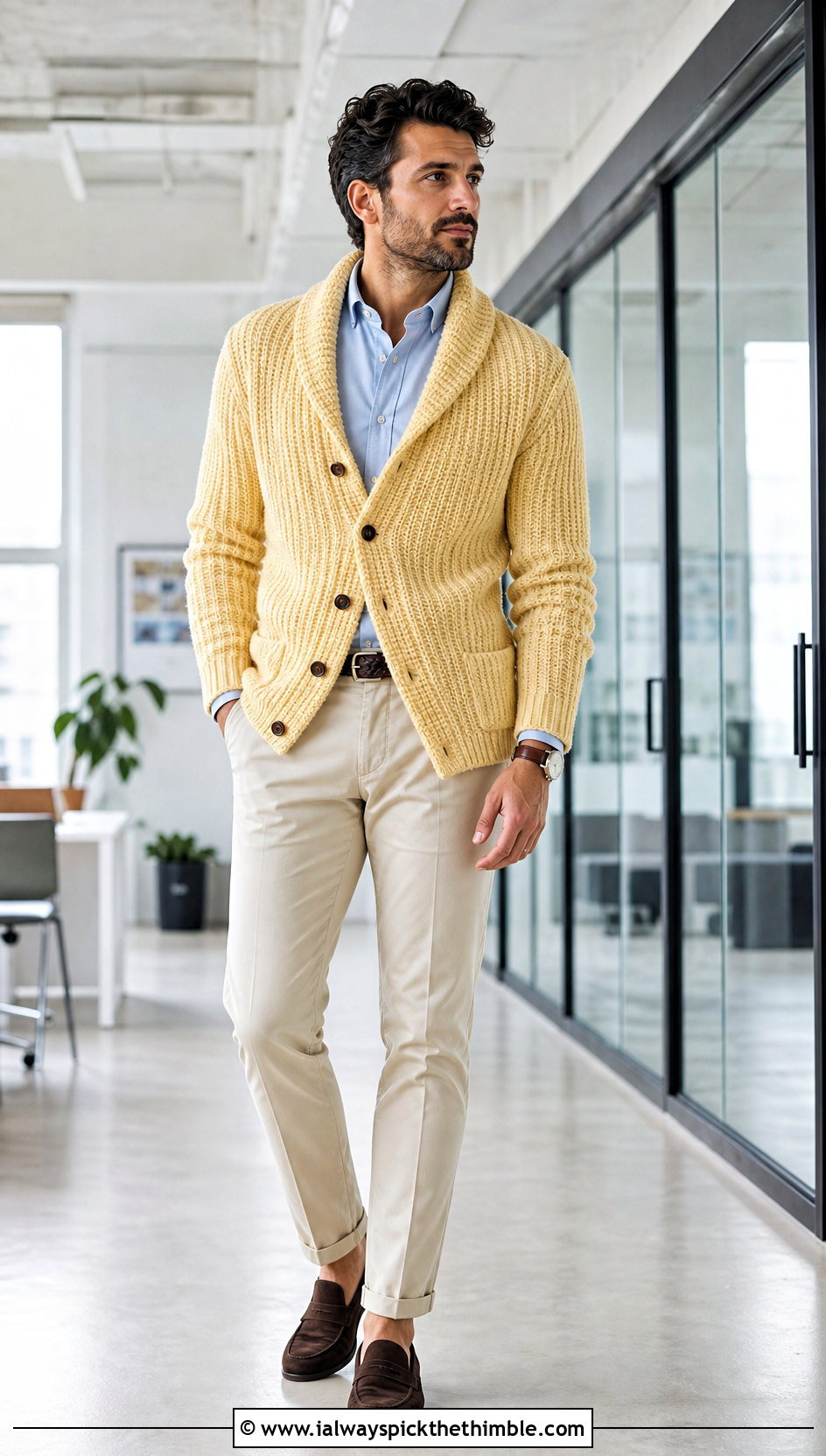 Front Post Ribbed Crochet Shawl Collar Cardigan With Chinos - 20 Mens Crochet Shawl Collar Cardigan outfit ideas