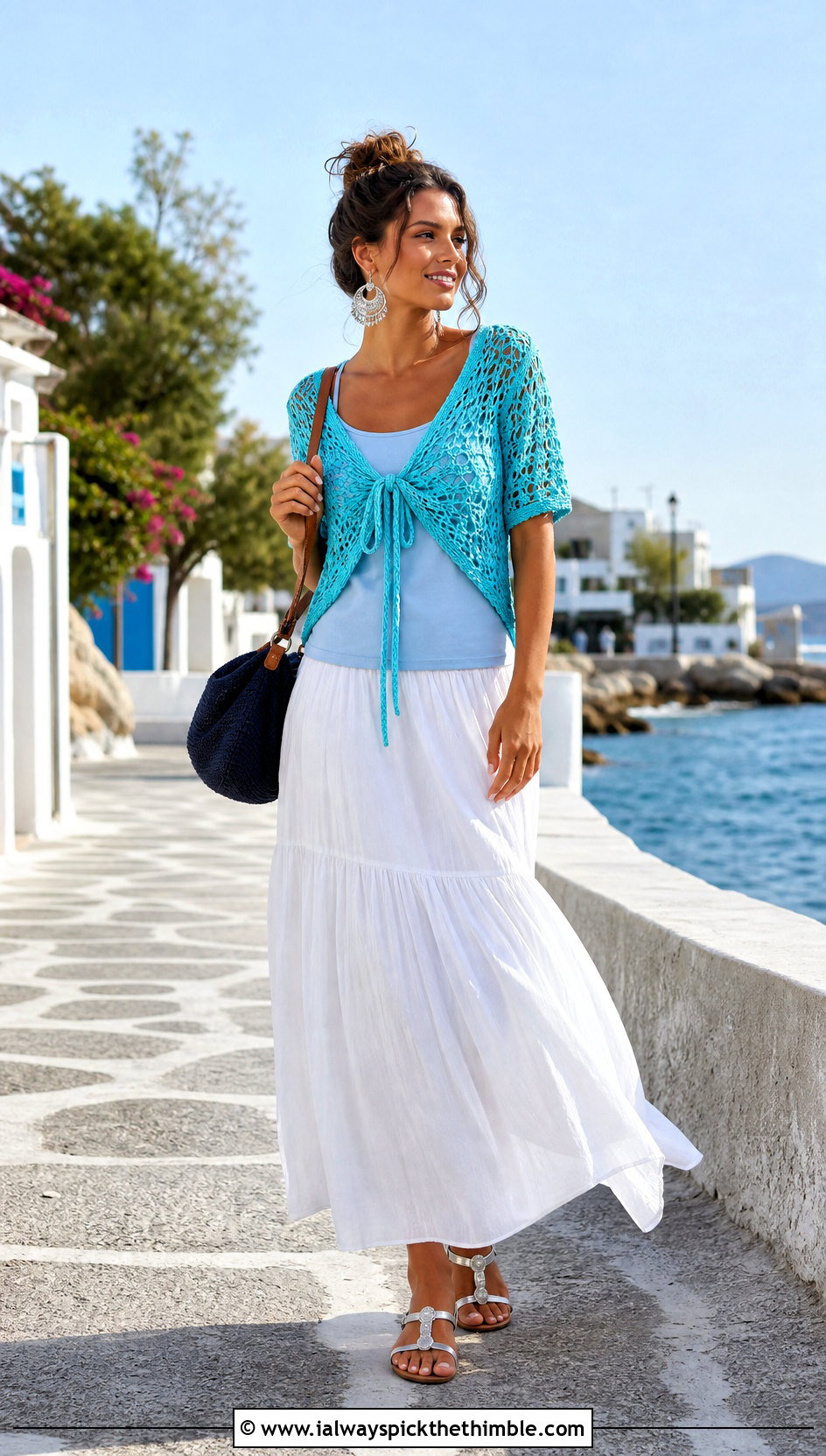 Front Tie Crochet Lace Top With Maxi Skirt - 20 crochet lacy summer tops outfit ideas