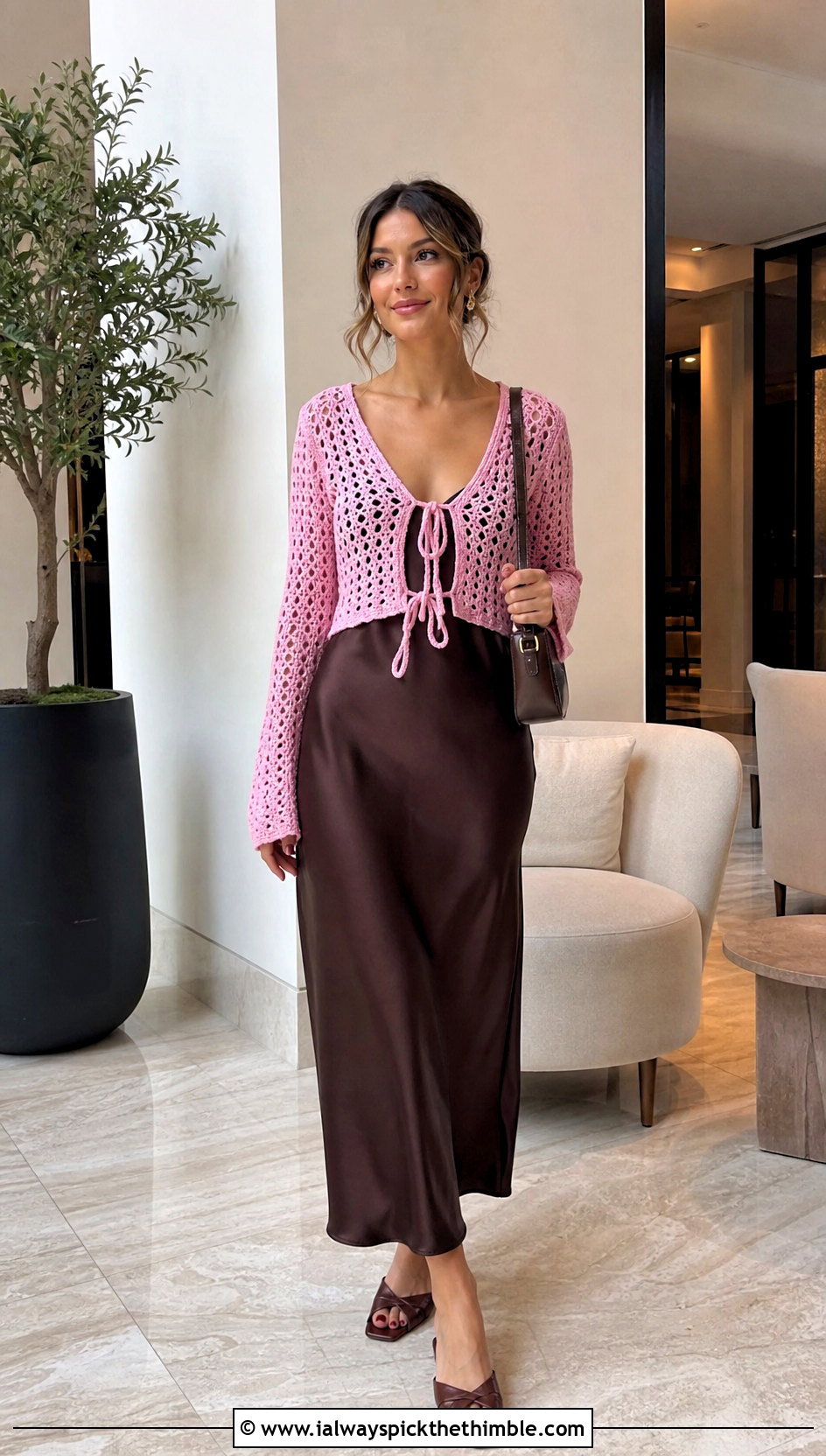 Front Tie Crochet Long Sleeve Top Over A Slip Dress - 20 Easy Crochet Long Sleeve Top outfit ideas
