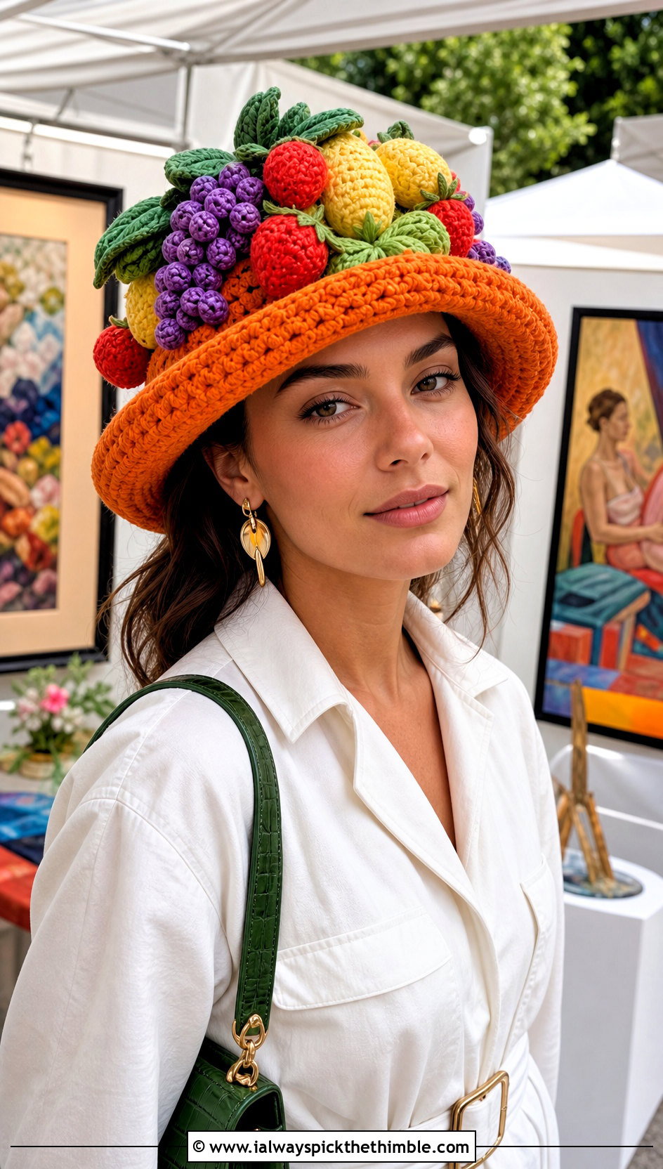 Fruit Basket Crochet Hat With White Jumpsuit - 20 Weird Crochet Hat outfit ideas