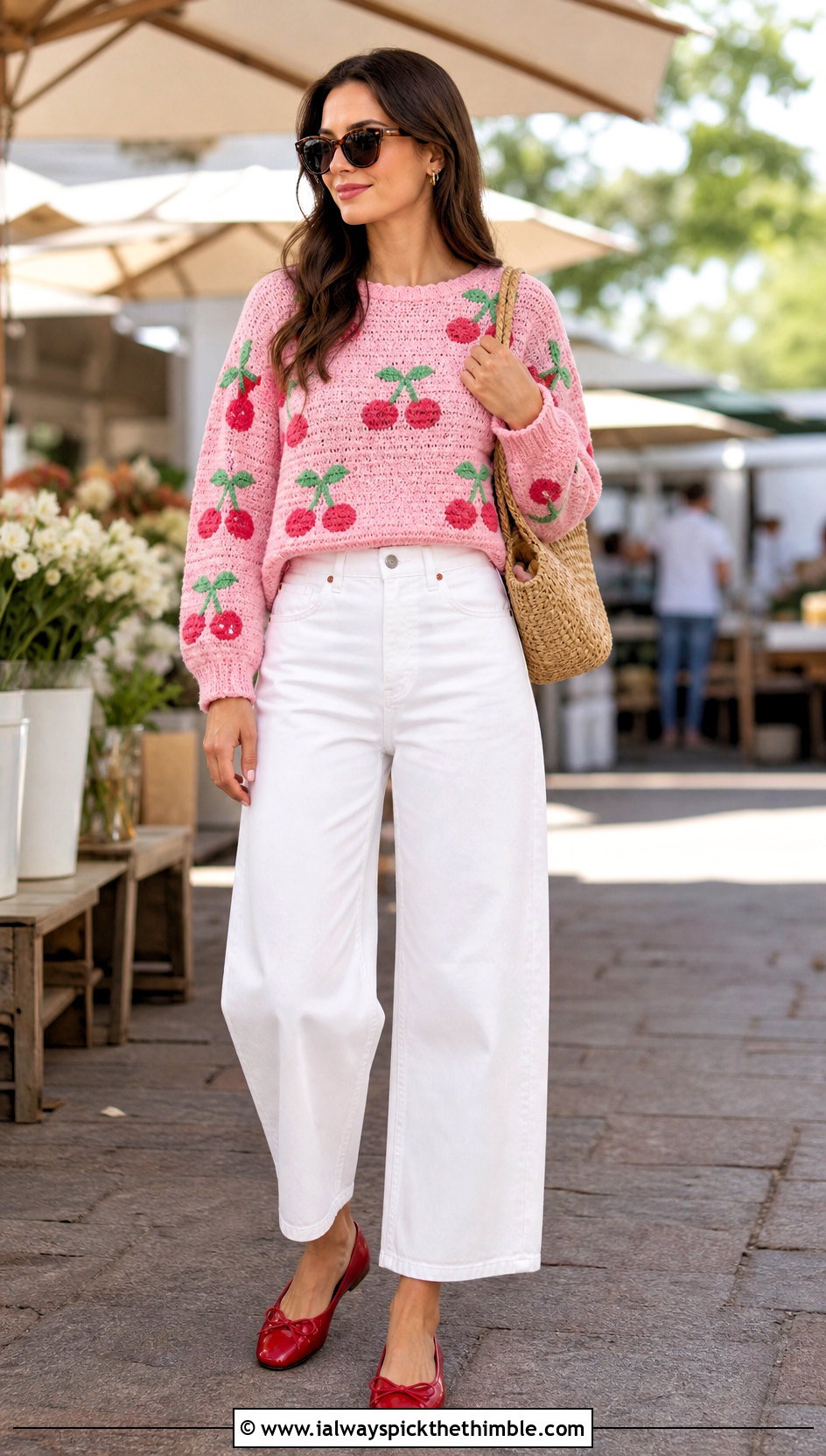 Fruit Motif Tapestry Crochet Jumper With White Jeans - 20 Tapestry Crochet Jumper outfit ideas