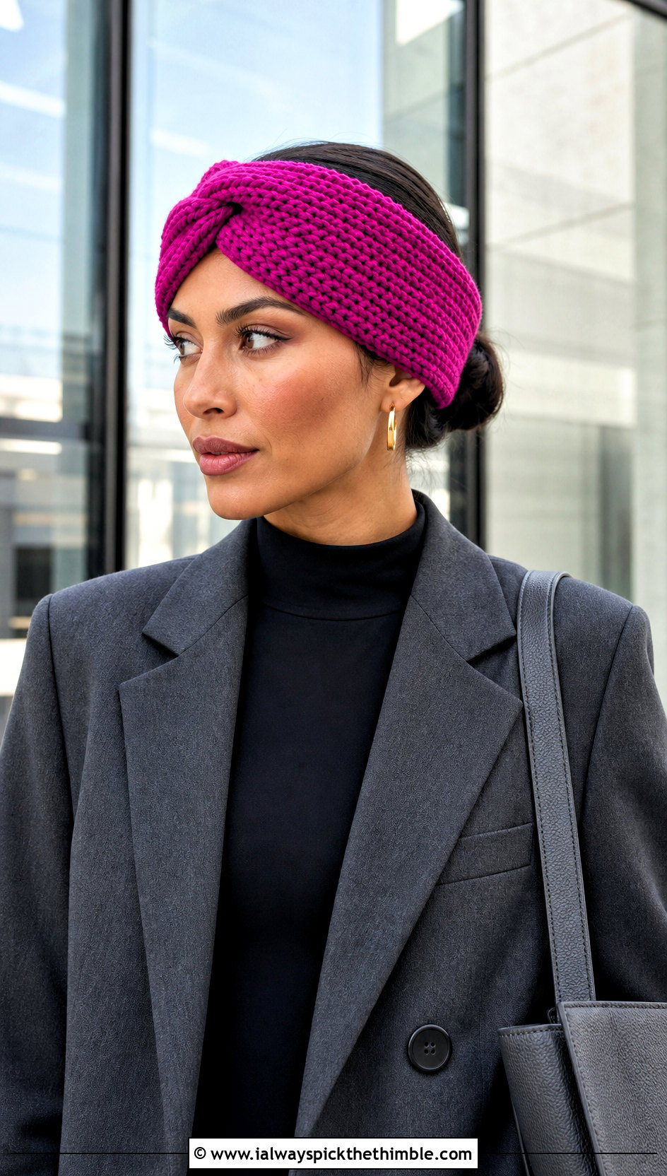 Fuchsia Twisted Ravencraft Crochet Earwarmer With Gray Suit - 15 ravencraft crochet earwarmer outfit ideas