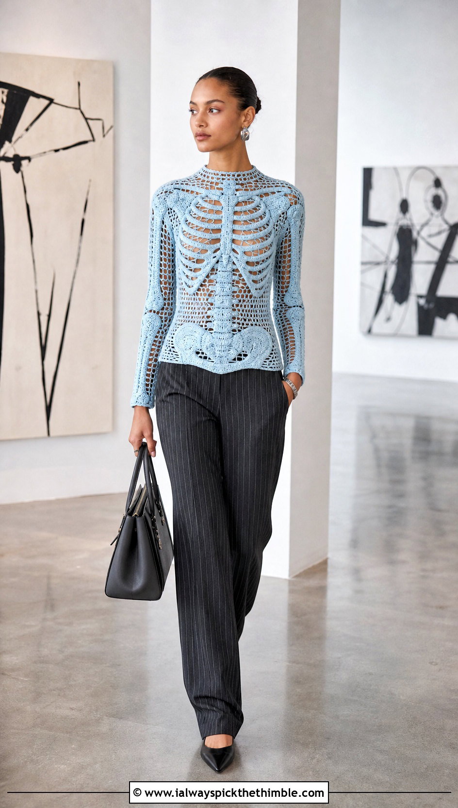 Full Body Crochet Skeleton Sweater With Pinstripe Trousers - 20 Crochet Skeleton Sweater outfit ideas
