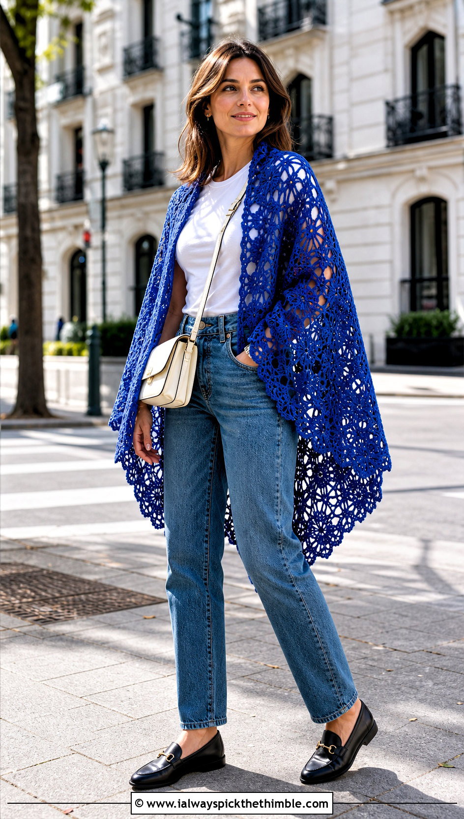 Full Circle Lace Crochet Shawl With Straight Leg Jeans - 20 crochet circular shawl outfit ideas