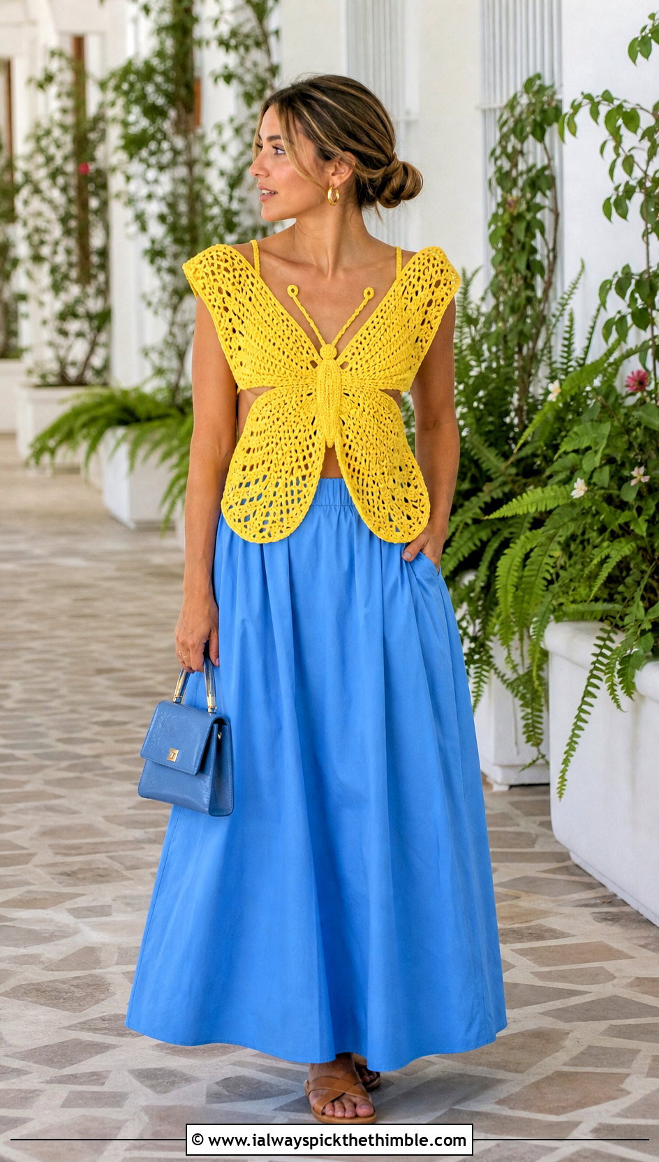 Full Coverage Crochet Butterfly Top With Poplin Maxi Skirt - 25 Crochet Butterfly Top outfit ideas