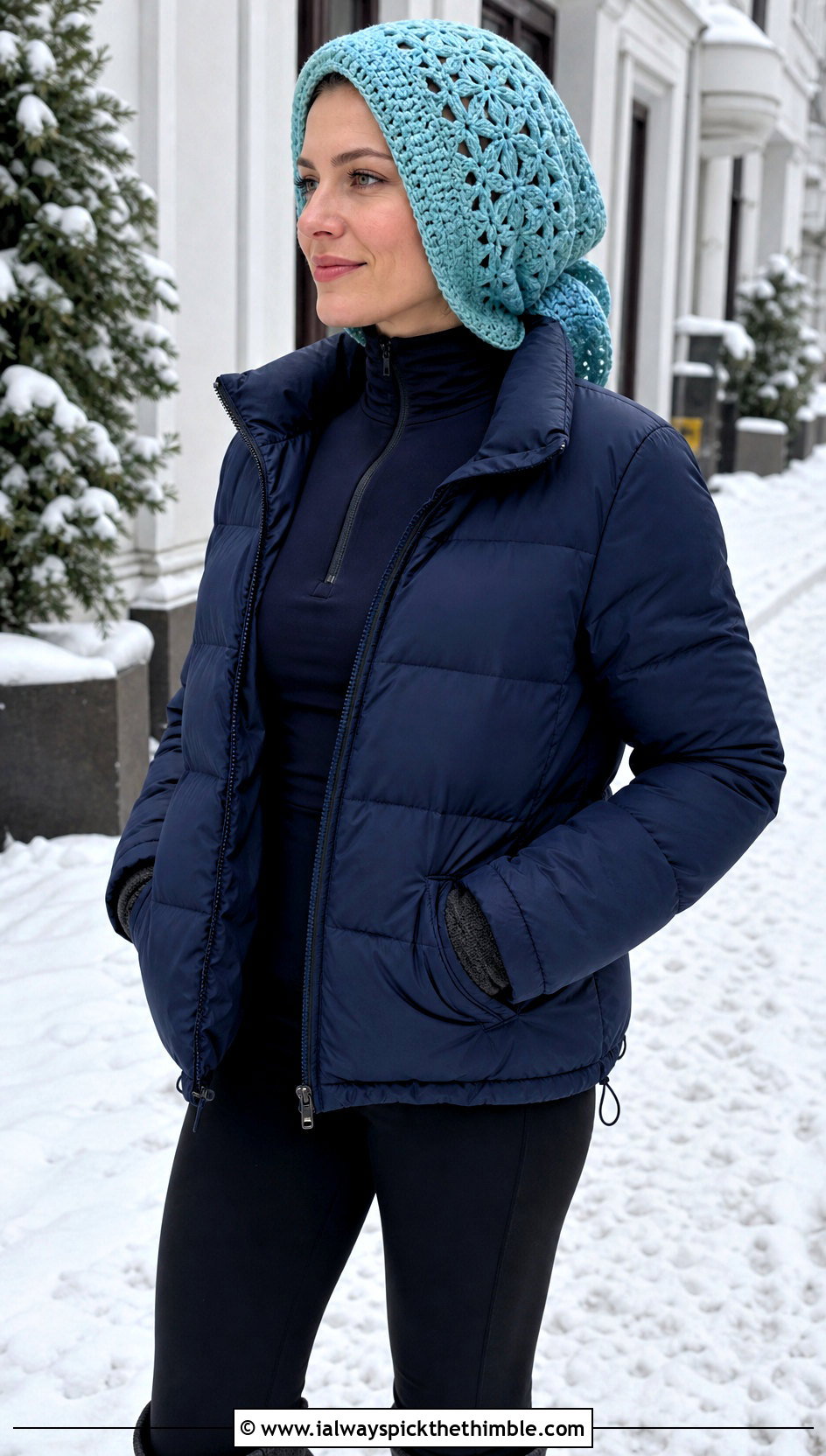Full Coverage Granny Square Headscarf With Puffer And Winter Leggings - 20 granny square hair scarf outfit ideas