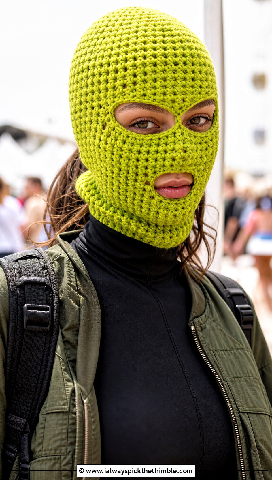 Full Face Crochet Ski Mask With Utility Jacket - 20 crochet balaclava hat outfit ideas