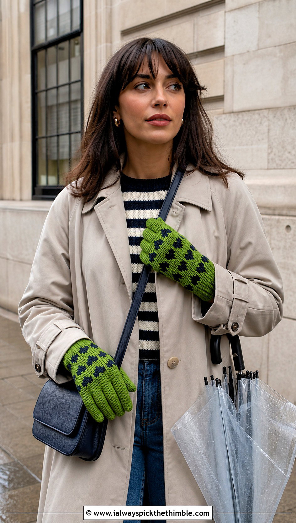 Full Finger Colorwork Heart Gloves With Trench Coat - 15 Heart Crochet Gloves outfit ideas