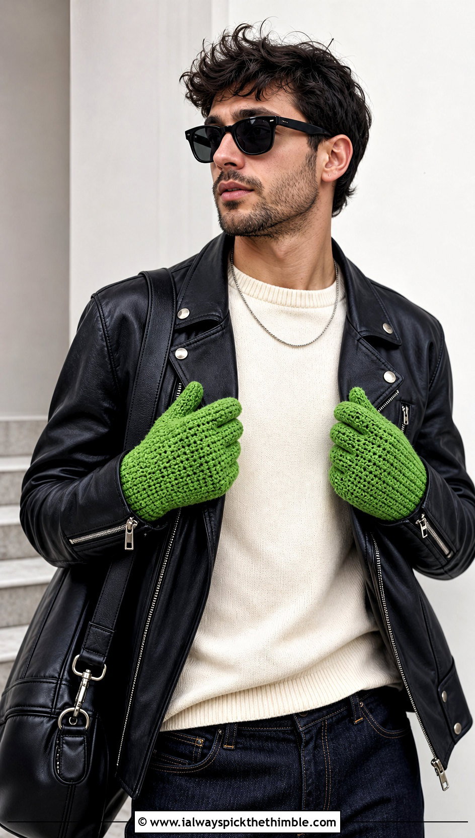 Full Finger Crochet Gloves With Leather Jacket - 25 crochet gloves for men outfit ideas