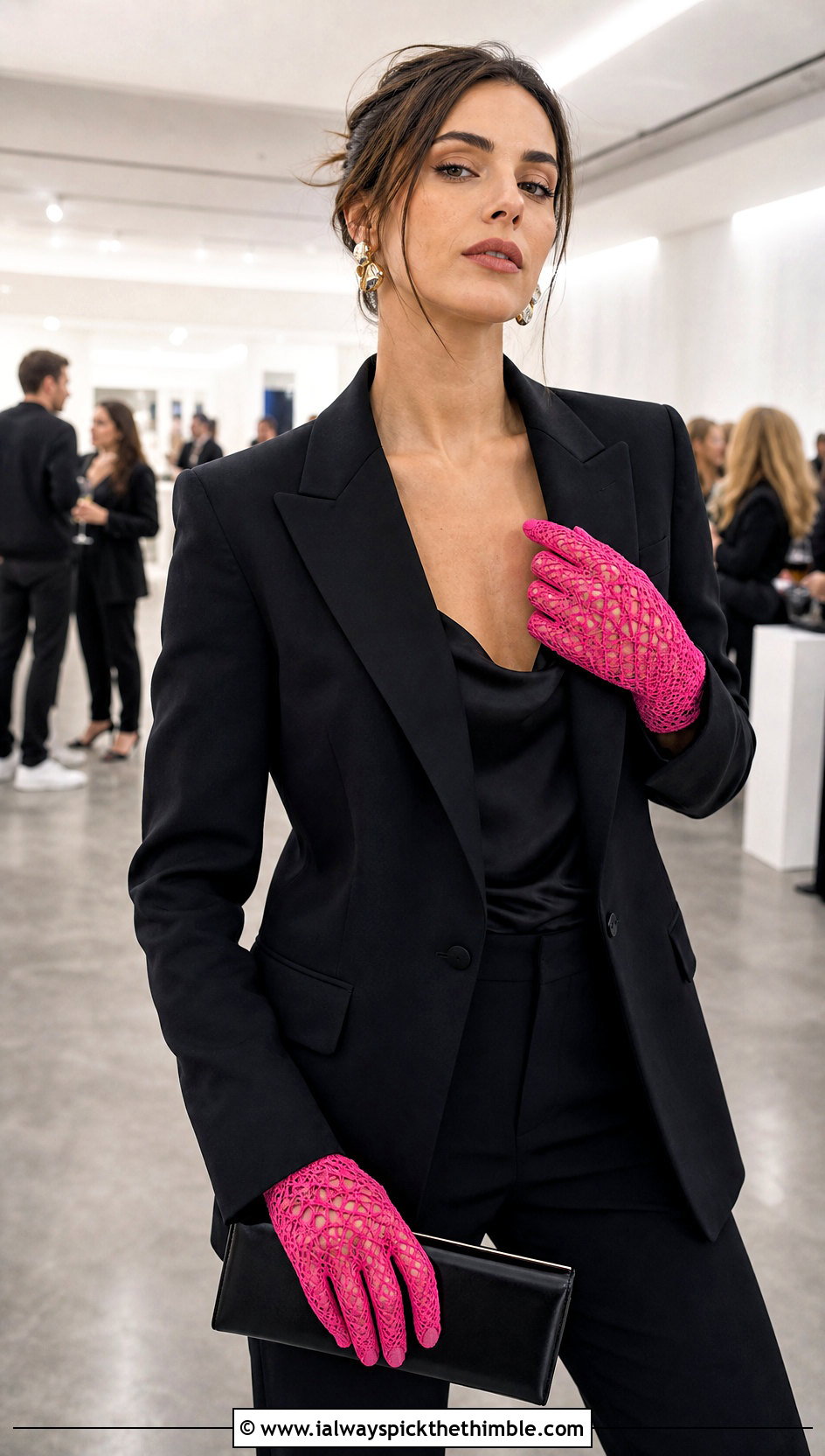 Full Finger Crochet Lace Gloves With Evening Suit - 20 lace crochet gloves outfit ideas