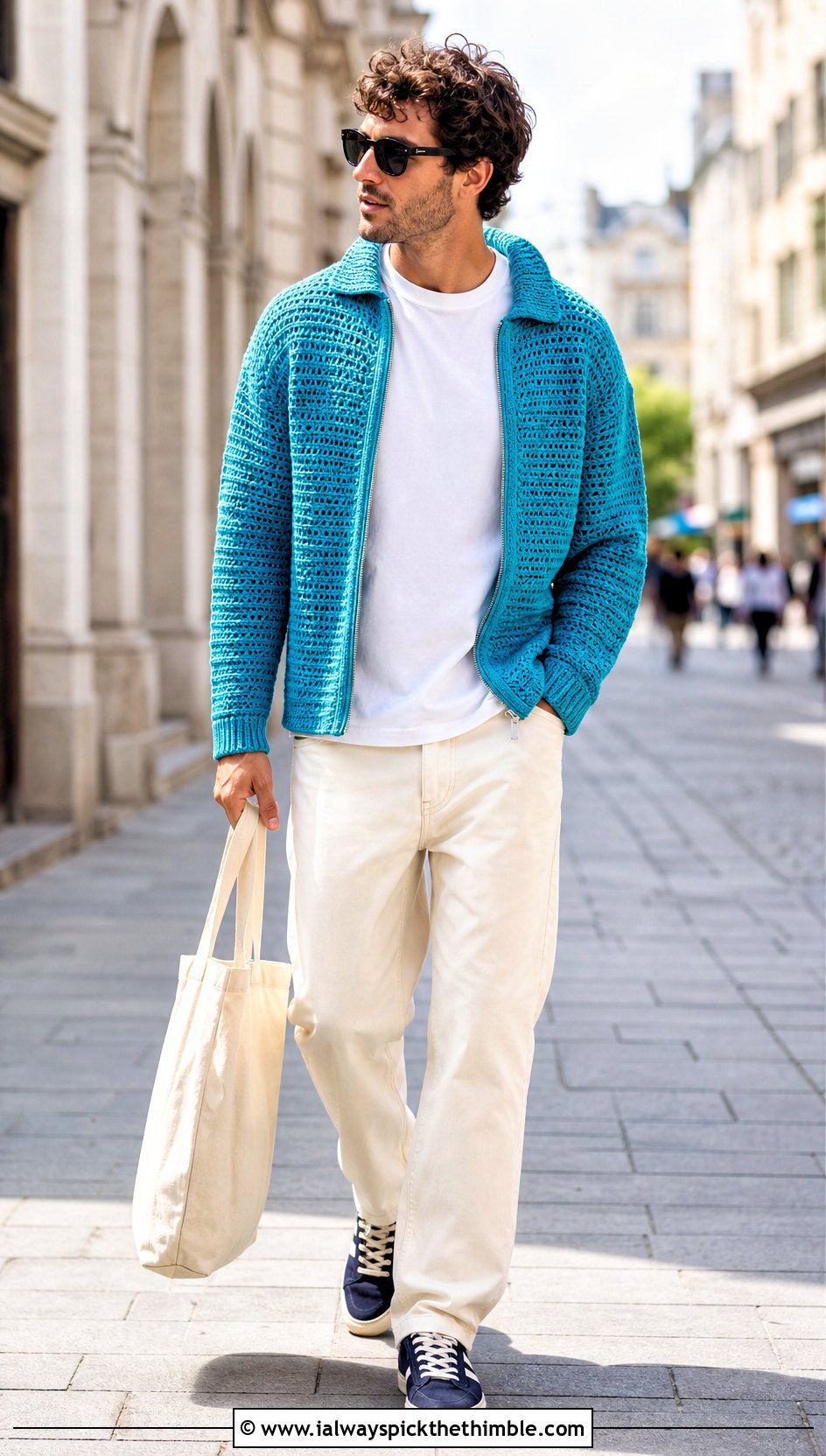 Full Zip Crochet Sweater With T Shirt And Jeans - 20 Easy Crochet Mens Sweater outfit ideas