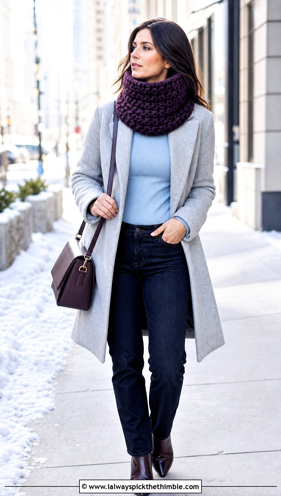 Funnel Chunky Yarn Crochet Cowl With Collarless Coat And Straight Jeans - 20 Chunky Yarn Crochet Cowl outfit ideas