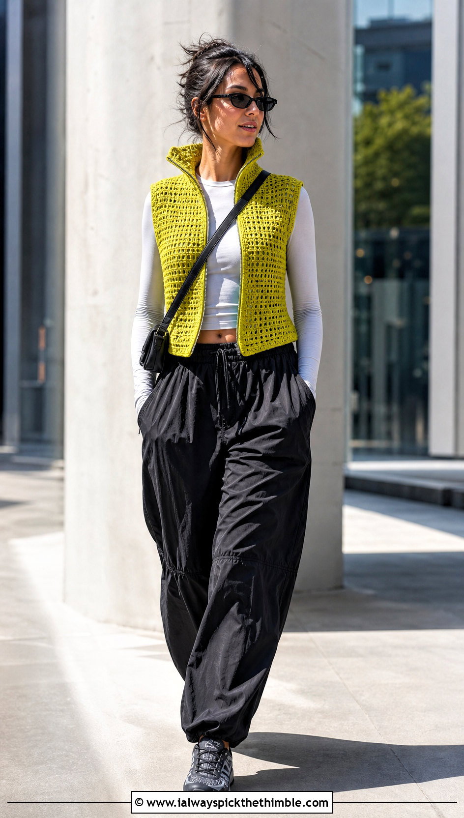 Funnel Collar Crochet Vest With Parachute Pants - 20 crochet vest with collar outfit ideas
