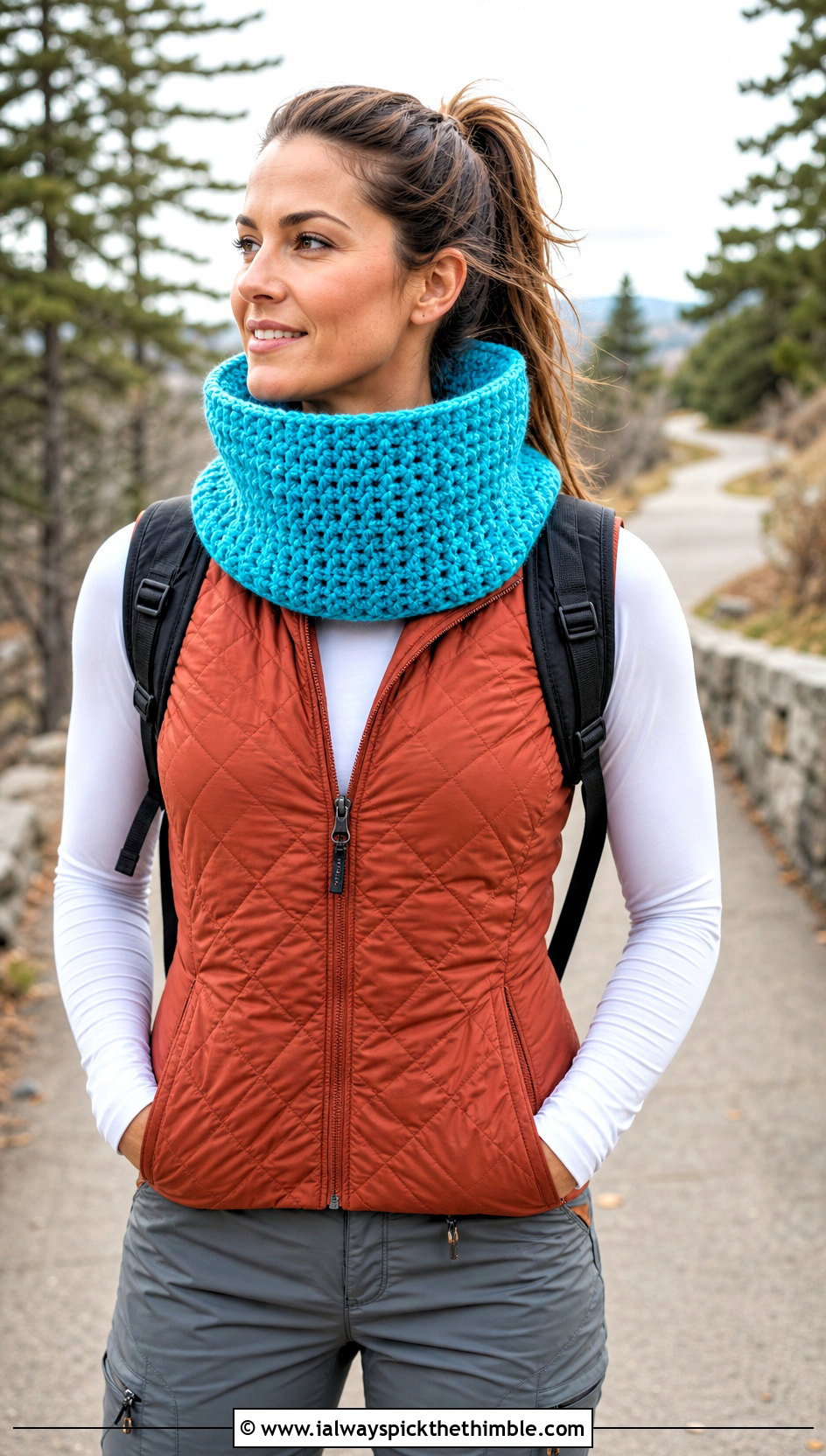 Funnel Crochet Cowl With Quilted Vest - 15 Crochet For Cowl Scarf outfit ideas