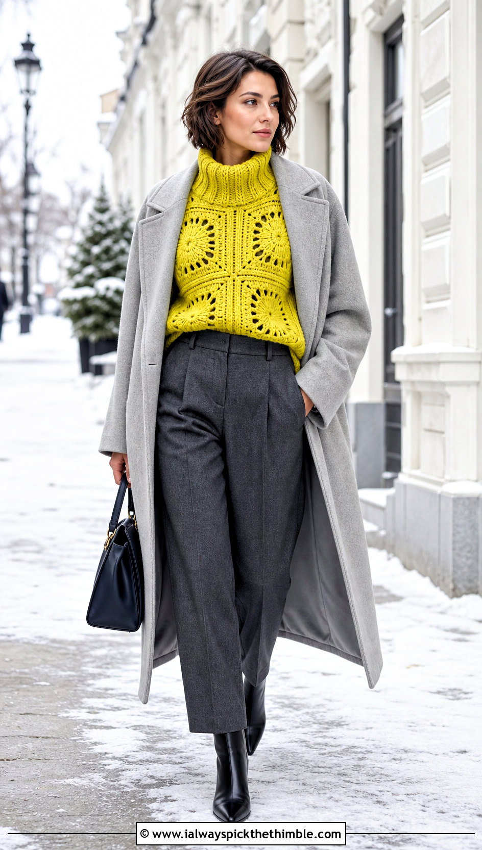 Funnel Neck Big Granny Square Sweater With Wool Trousers - 25 big granny square sweater outfit ideas
