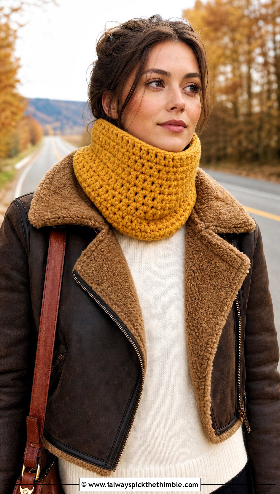 Funnel Neck Bulky Crochet Cowl With Shearling Jacket - 20 Bulky Crochet Cowl outfit ideas