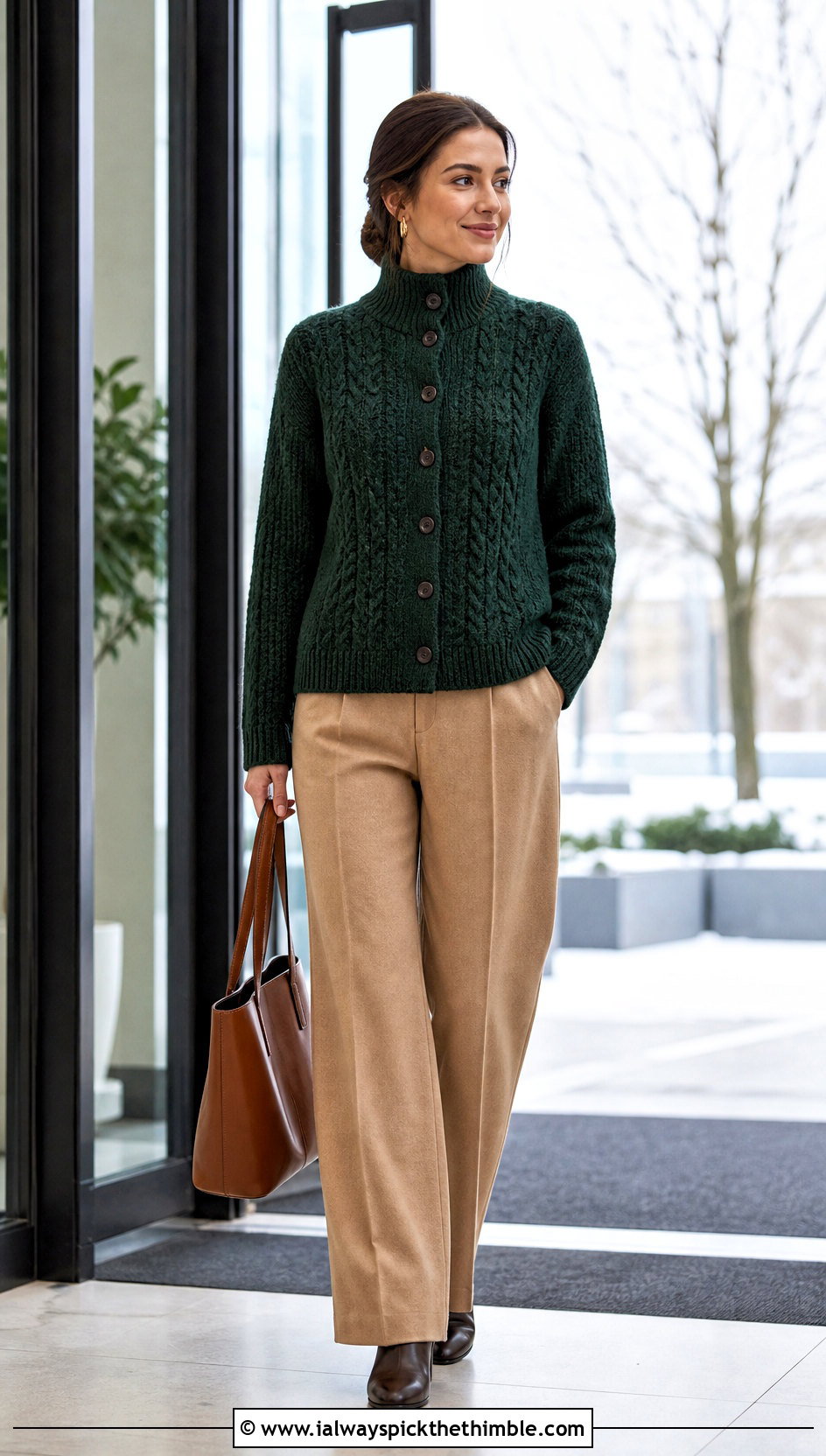 Funnel Neck Cable Cardigan With Wool Trousers - 20 Crochet Cable Cardigan outfit ideas