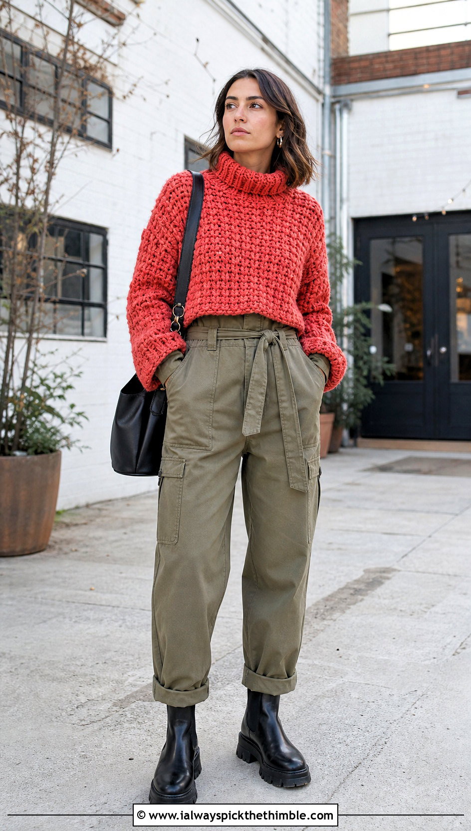 Funnel Neck Chunky Crochet Jumper With Utility Jumpsuit - 25 chunky crochet jumper outfit ideas