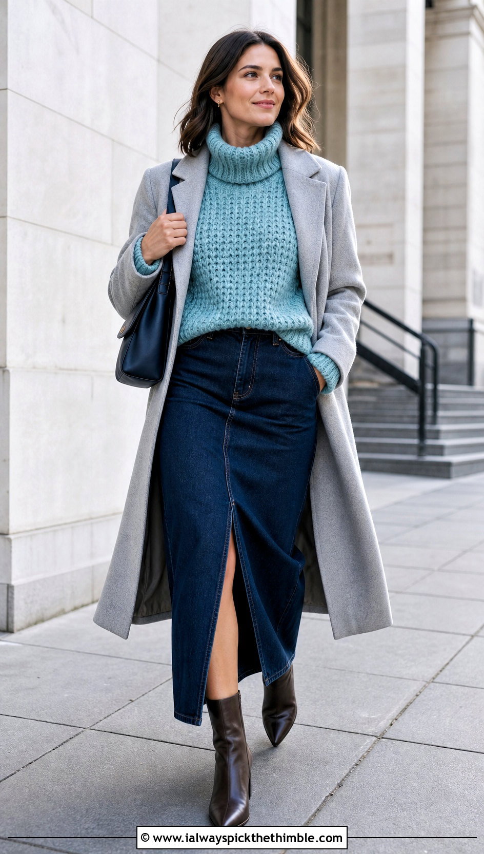 Funnel Neck Crochet Chenille Sweater With Denim Maxi Skirt - 20 crochet chenille sweater outfit ideas