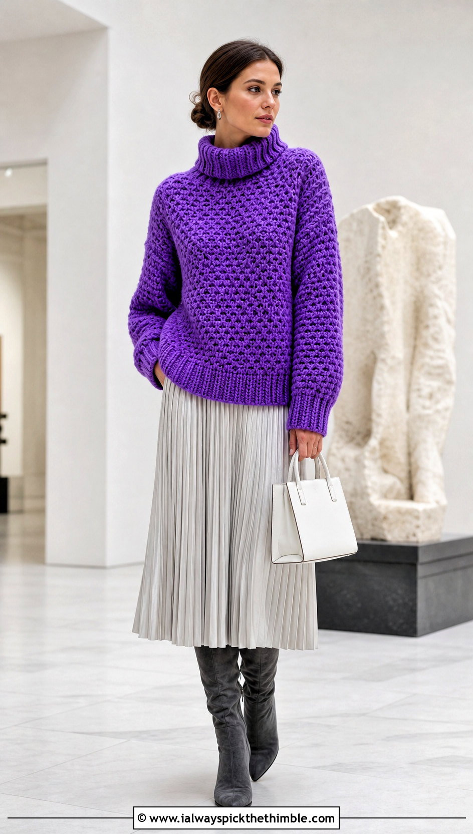 Funnel Neck Crochet Chunky Sweater With Pleated Midi Skirt And Boots - 25 crochet chunky sweater outfit ideas