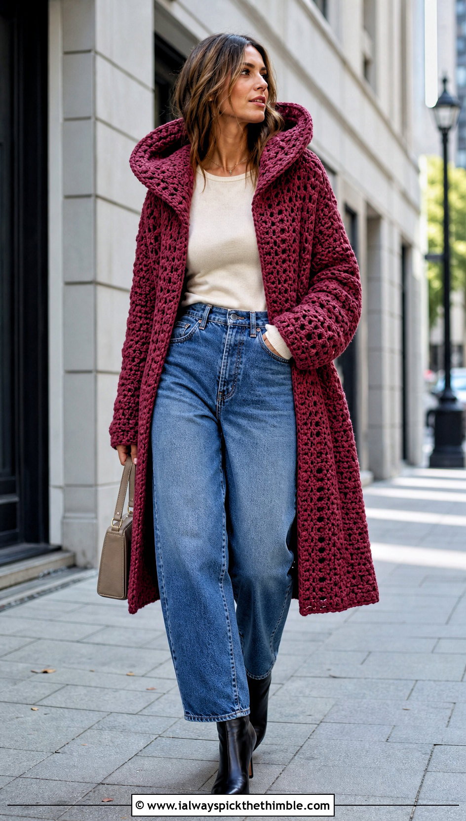 Funnel Neck Crochet Coat With Barrel Jeans - 25 crochet coat outfit ideas