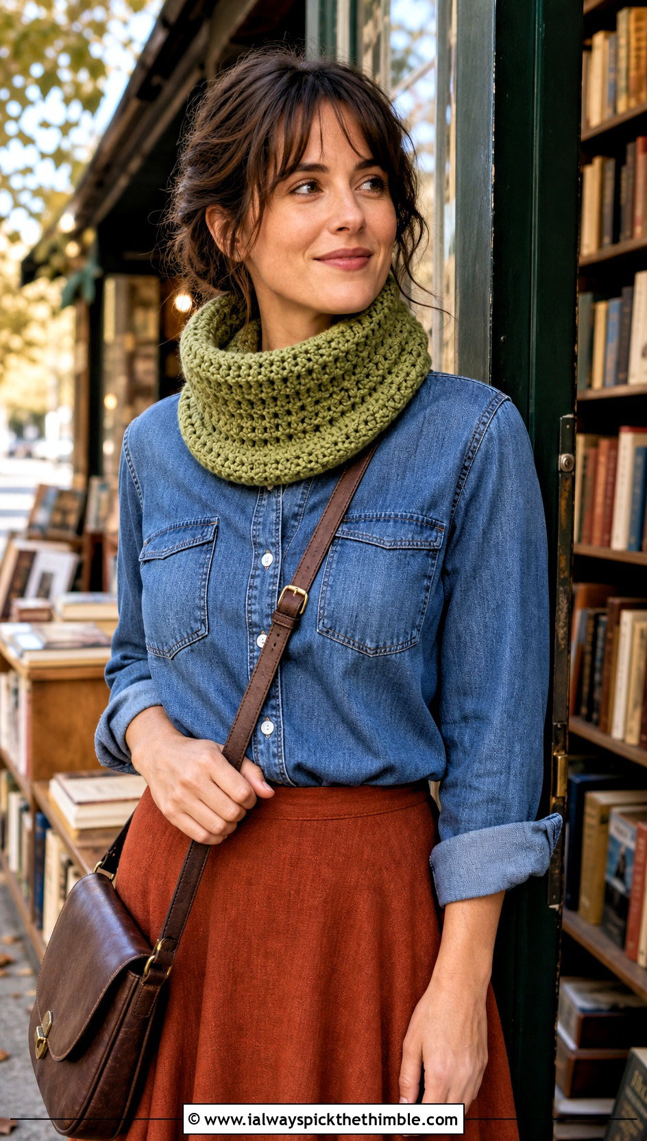 Funnel Neck Crochet Cowl With Denim Shirt And Maxi Skirt - 25 crochet neck warmer cowls outfit ideas
