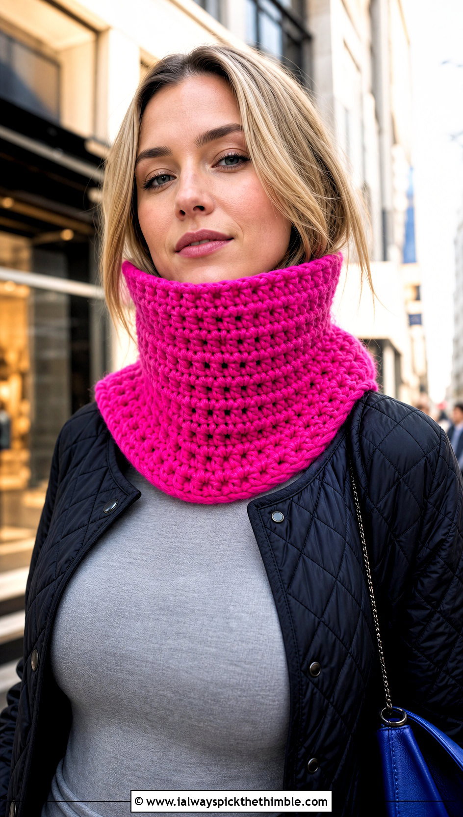 Funnel Neck Crochet Cowl With Quilted Jacket - 25 crochet cowl neck warmer outfit ideas