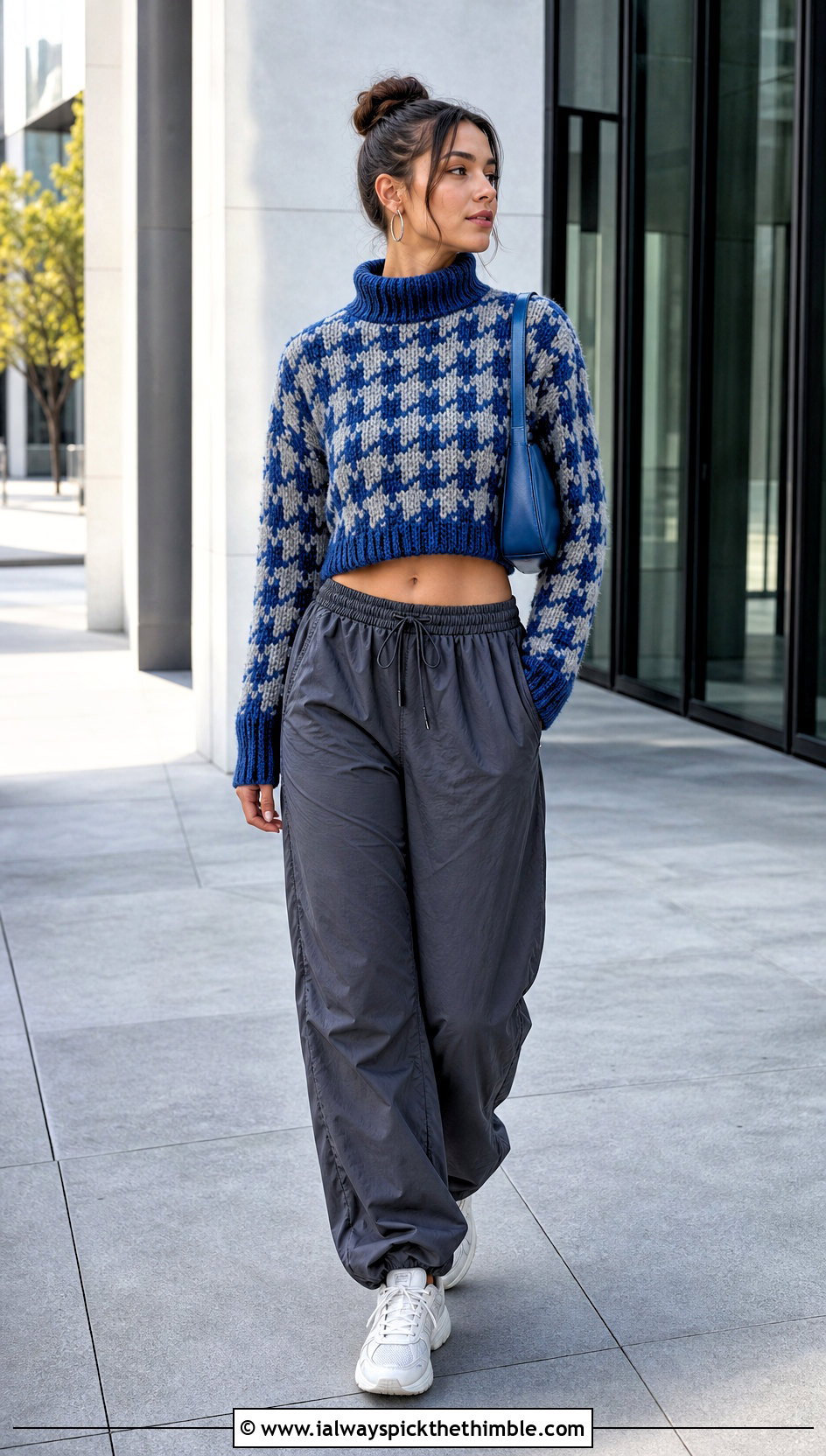 Funnel Neck Crochet Houndstooth Sweater With Parachute Pants - 25 crochet houndstooth sweater outfit ideas