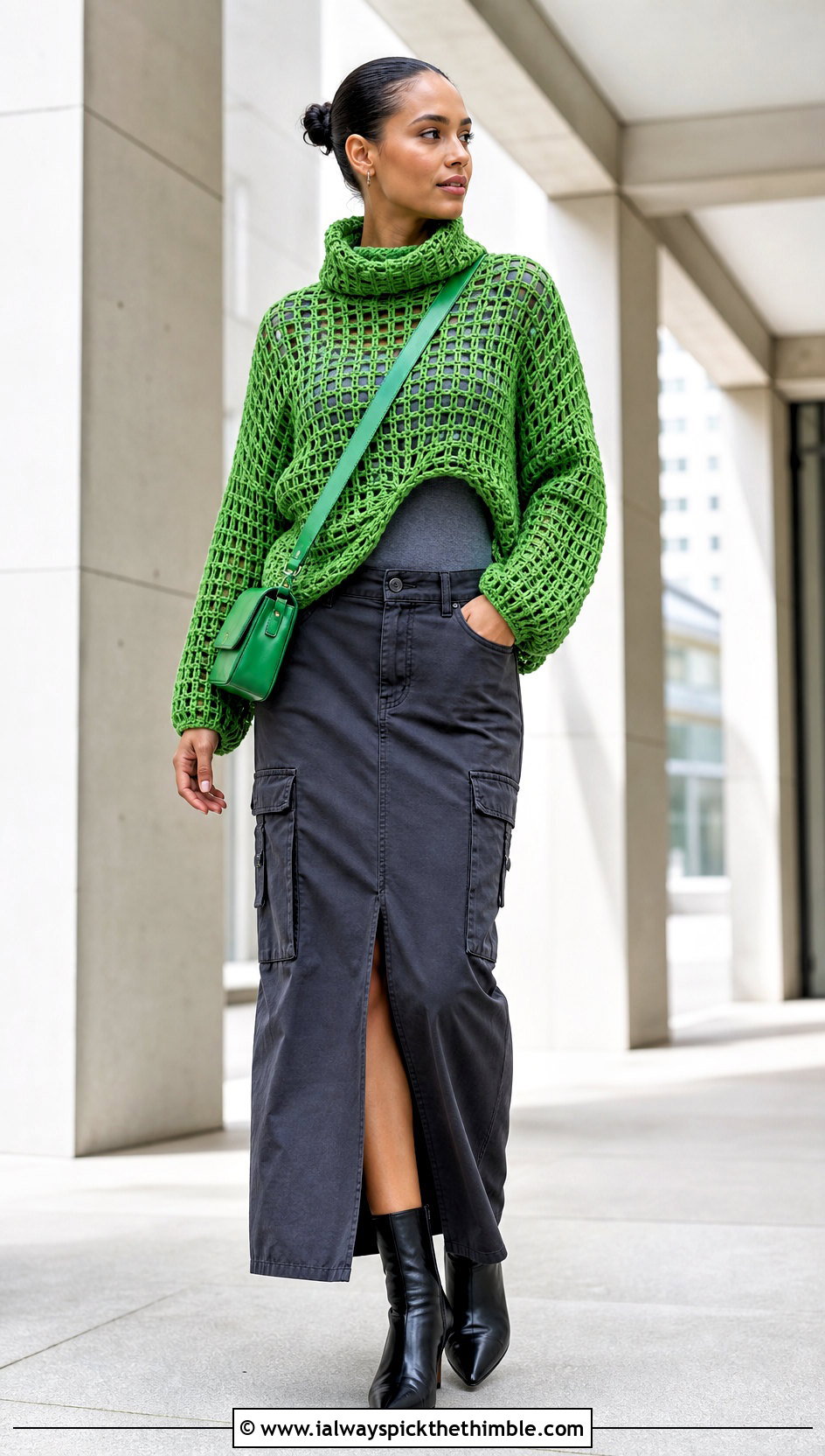Funnel Neck Crochet Mesh Sweater With Cargo Maxi Skirt - 25 crochet mesh sweater outfit ideas
