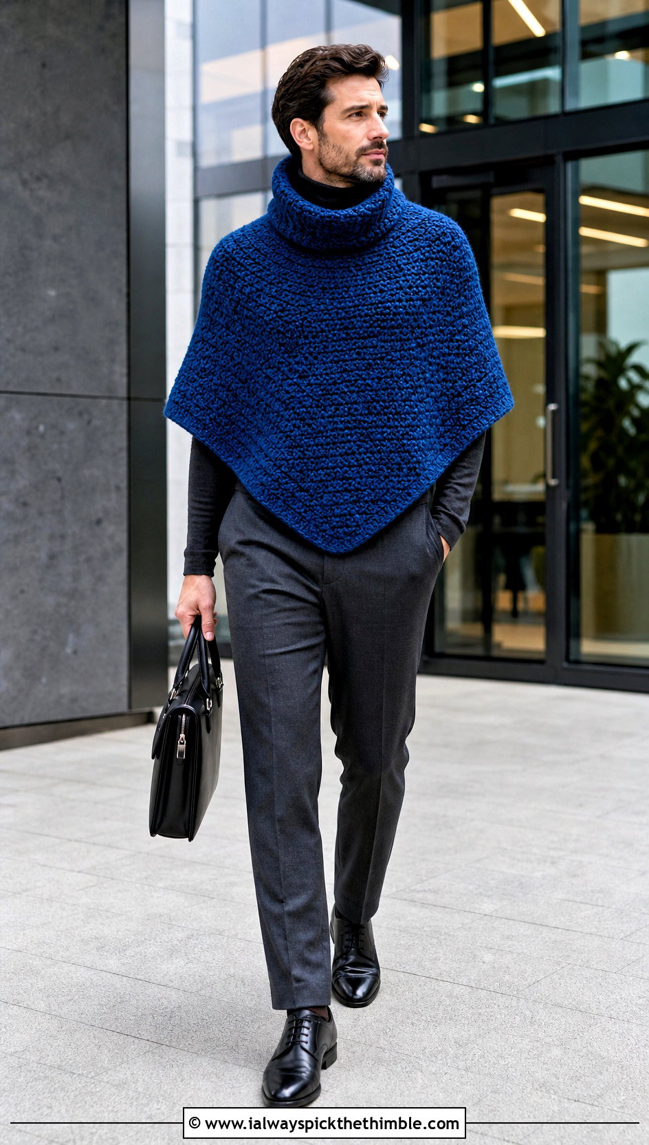 Funnel Neck Crochet Poncho With Suit Pants - 20 crochet men's poncho outfit ideas