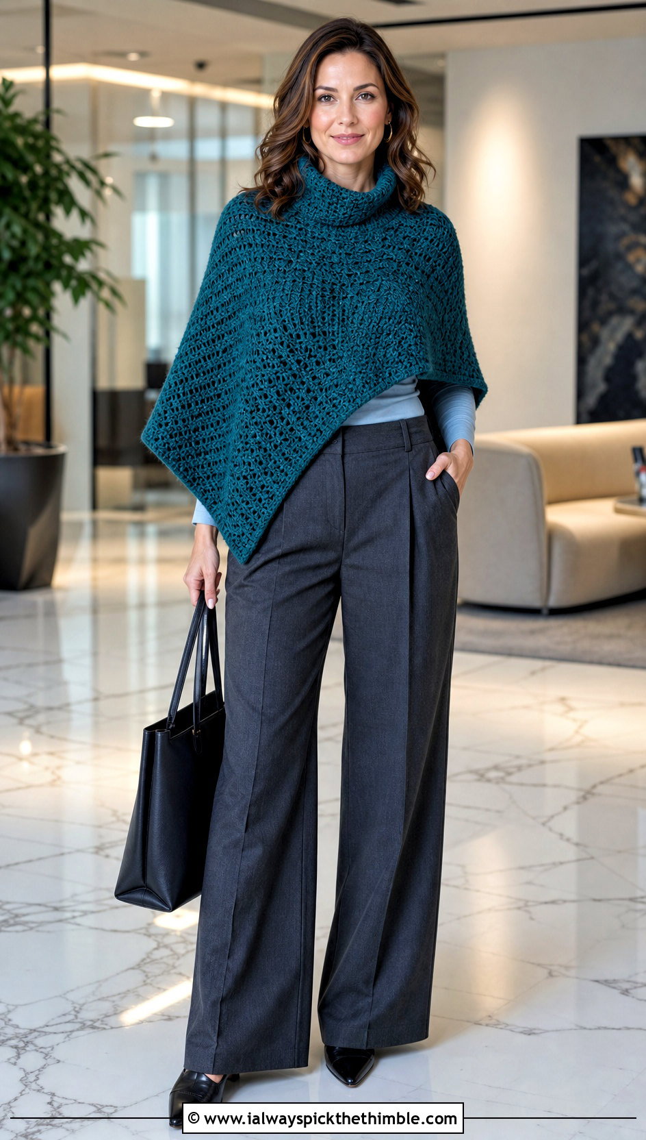 Funnel Neck Crochet Poncho With Wide Leg Trousers - 20 Crochet Poncho With Collar outfit ideas